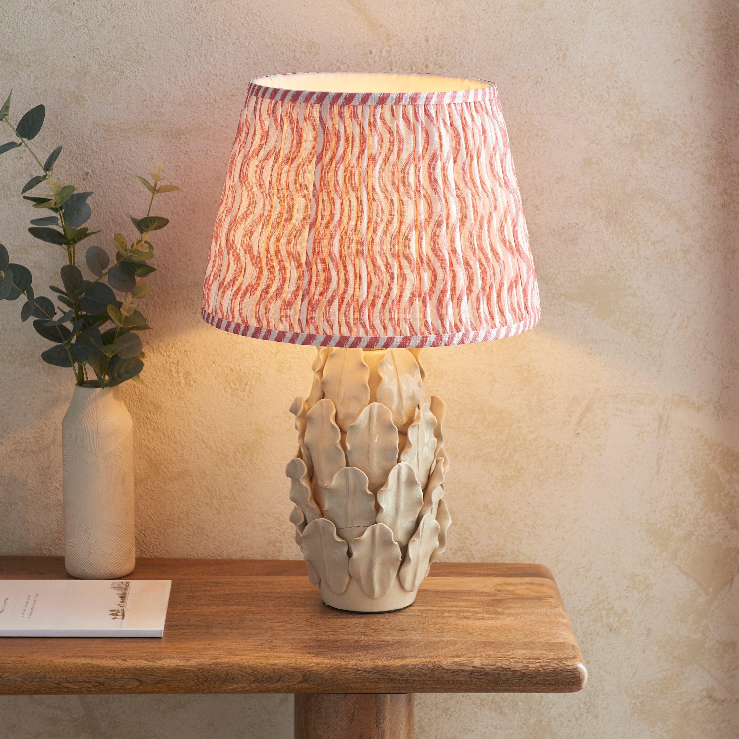 Layered Leaf Ivory Ceramic Table Lamp & Ripple 35cm Coral Pink Shade