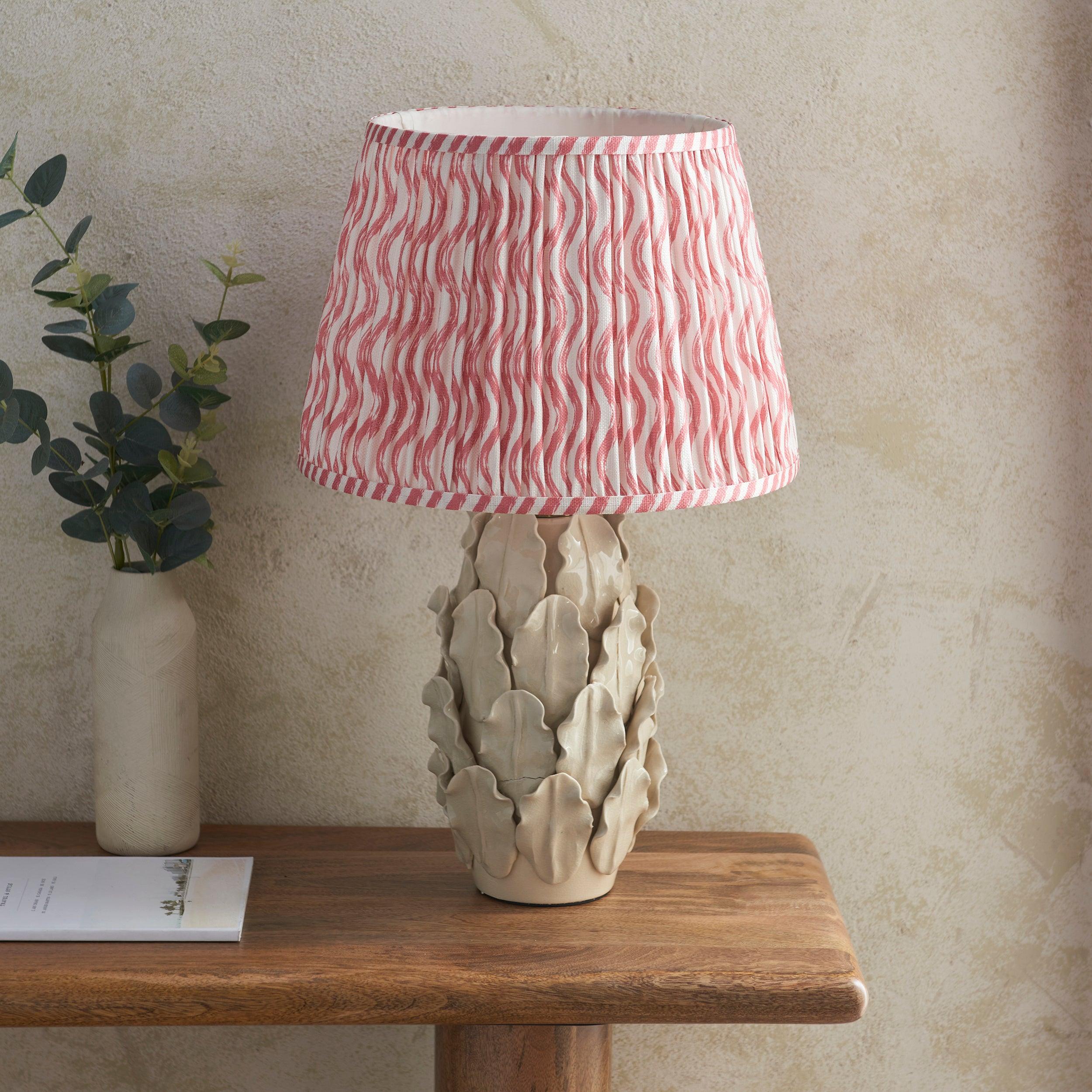 Layered Leaf Ivory Ceramic Table Lamp & Ripple 35cm Coral Pink Shade
