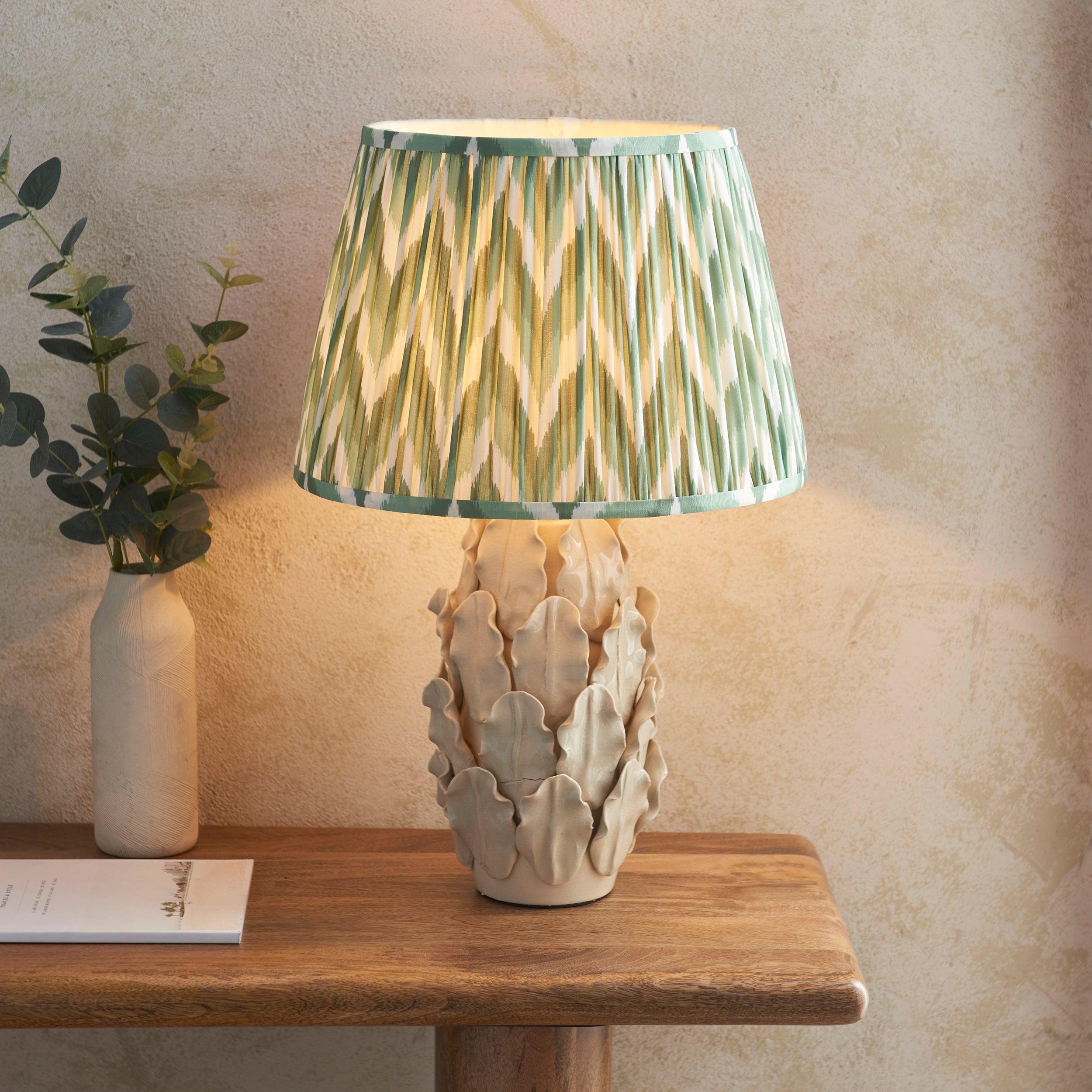 Layered Leaf Ivory Ceramic Table Lamp & Zigzag 35cm Cotswold Green Shade