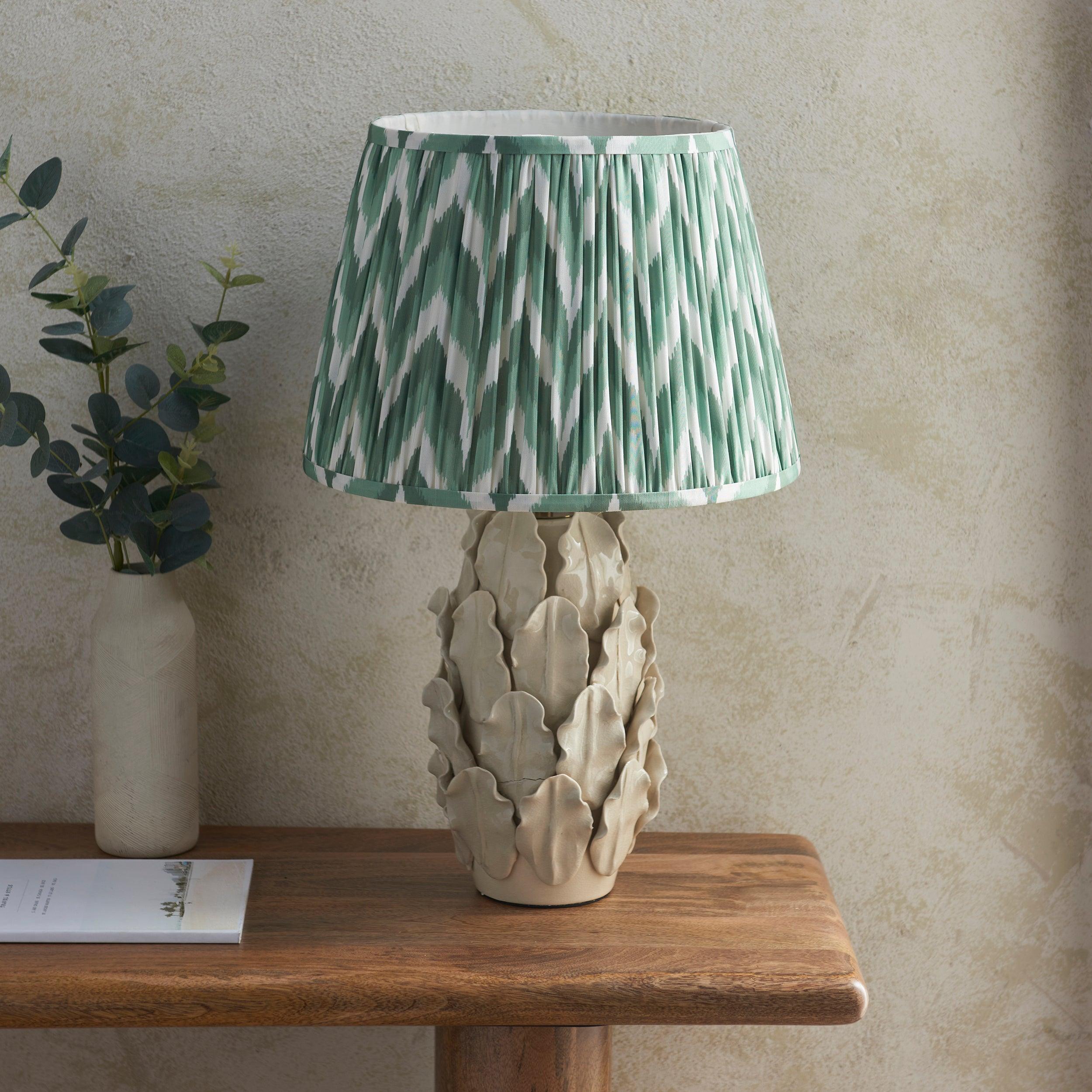 Layered Leaf Ivory Ceramic Table Lamp & Zigzag 35cm Cotswold Green Shade