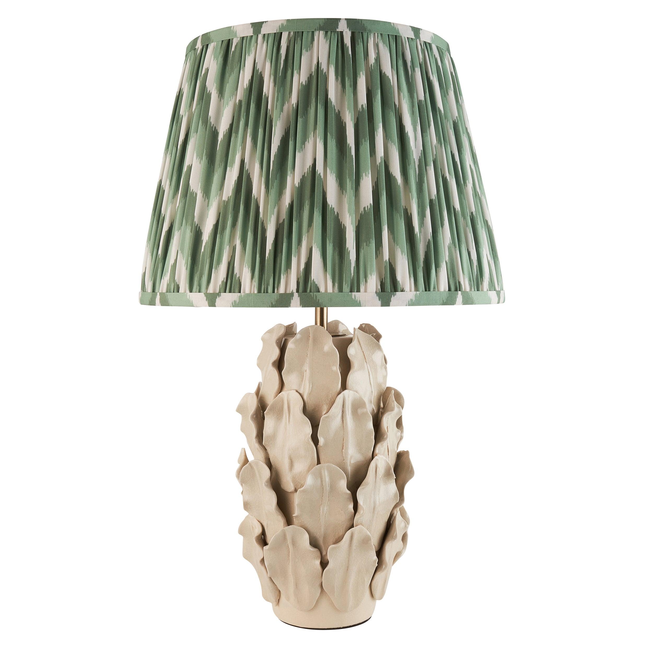 Layered Leaf Ivory Ceramic Table Lamp & Zigzag 35cm Cotswold Green Shade