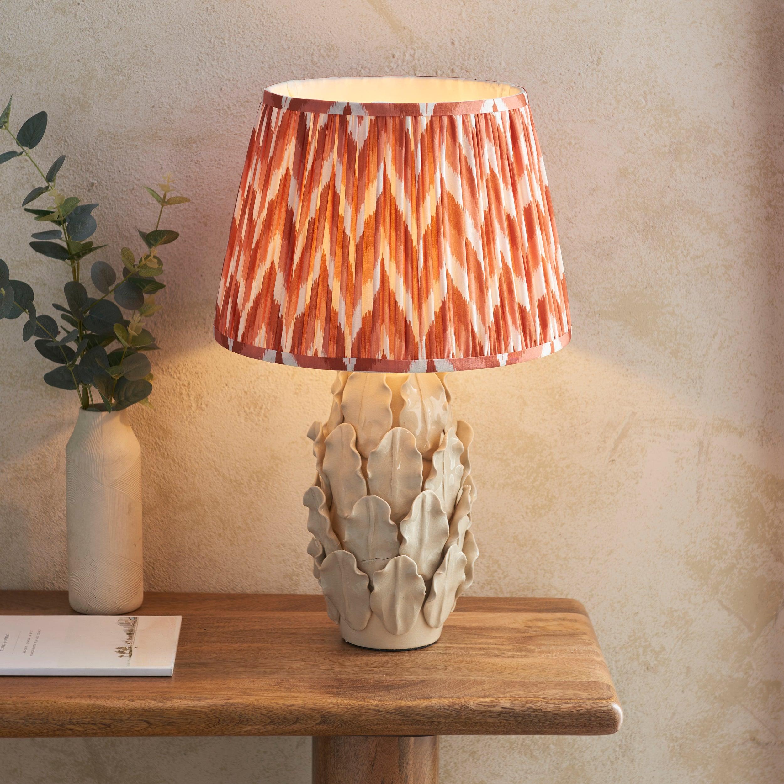 Layered Leaf Ivory Ceramic Table Lamp & Zigzag 35cm Apricot Orange Shade