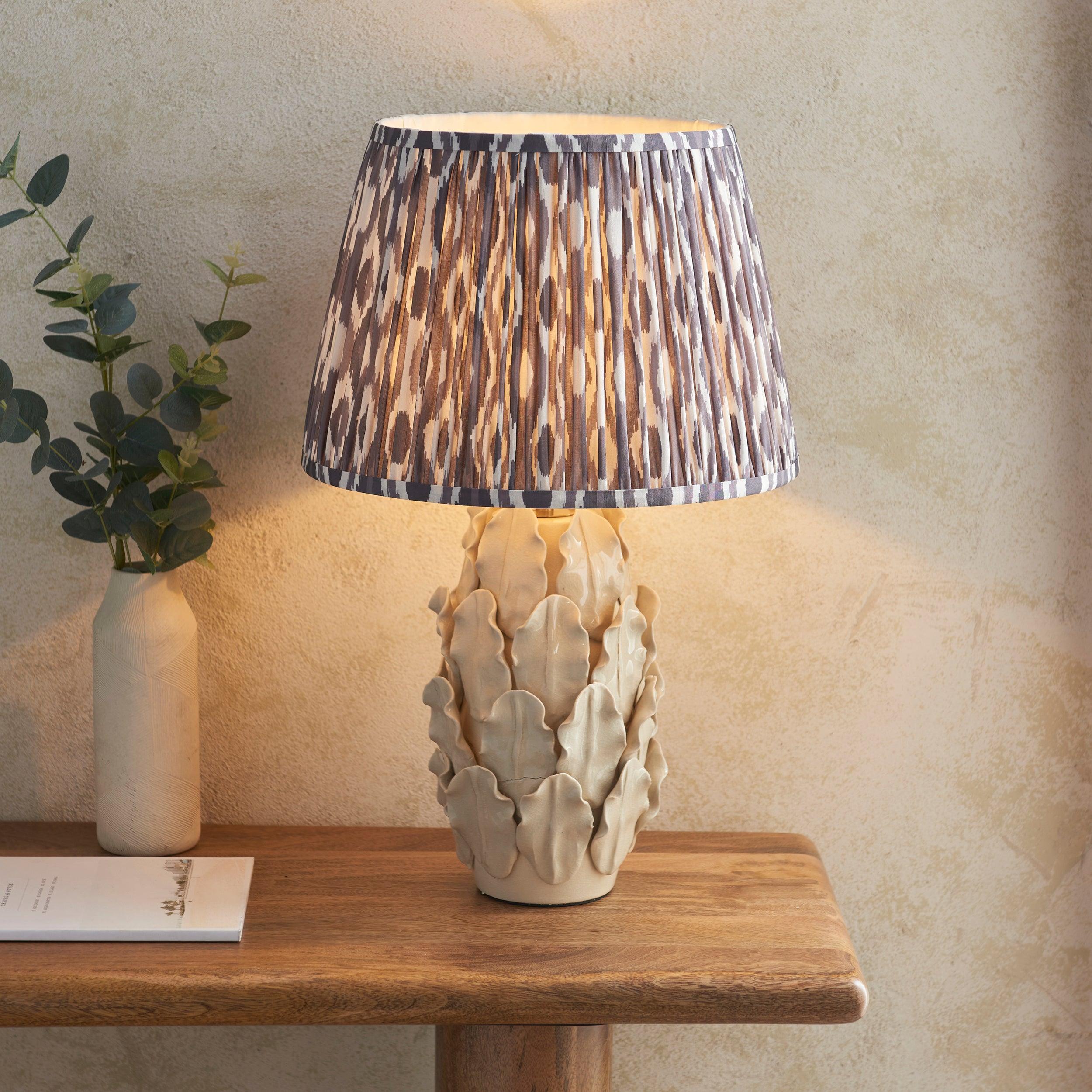 Layered Leaf Ivory Ceramic Table Lamp & Ikat 35cm Pearl Grey Shade