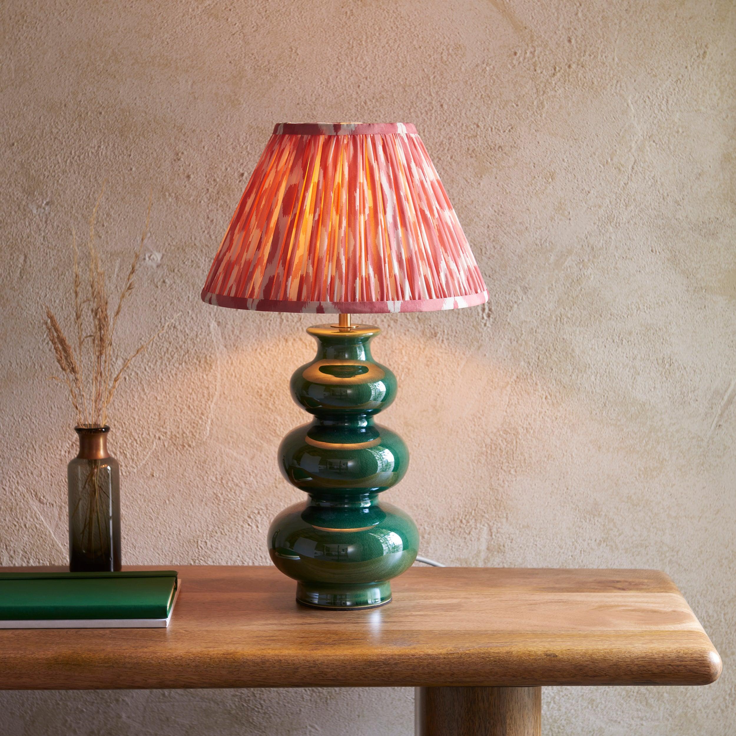 Monroe Green Ceramic Table Lamp & Ikat 30cm Coral Pink Shade