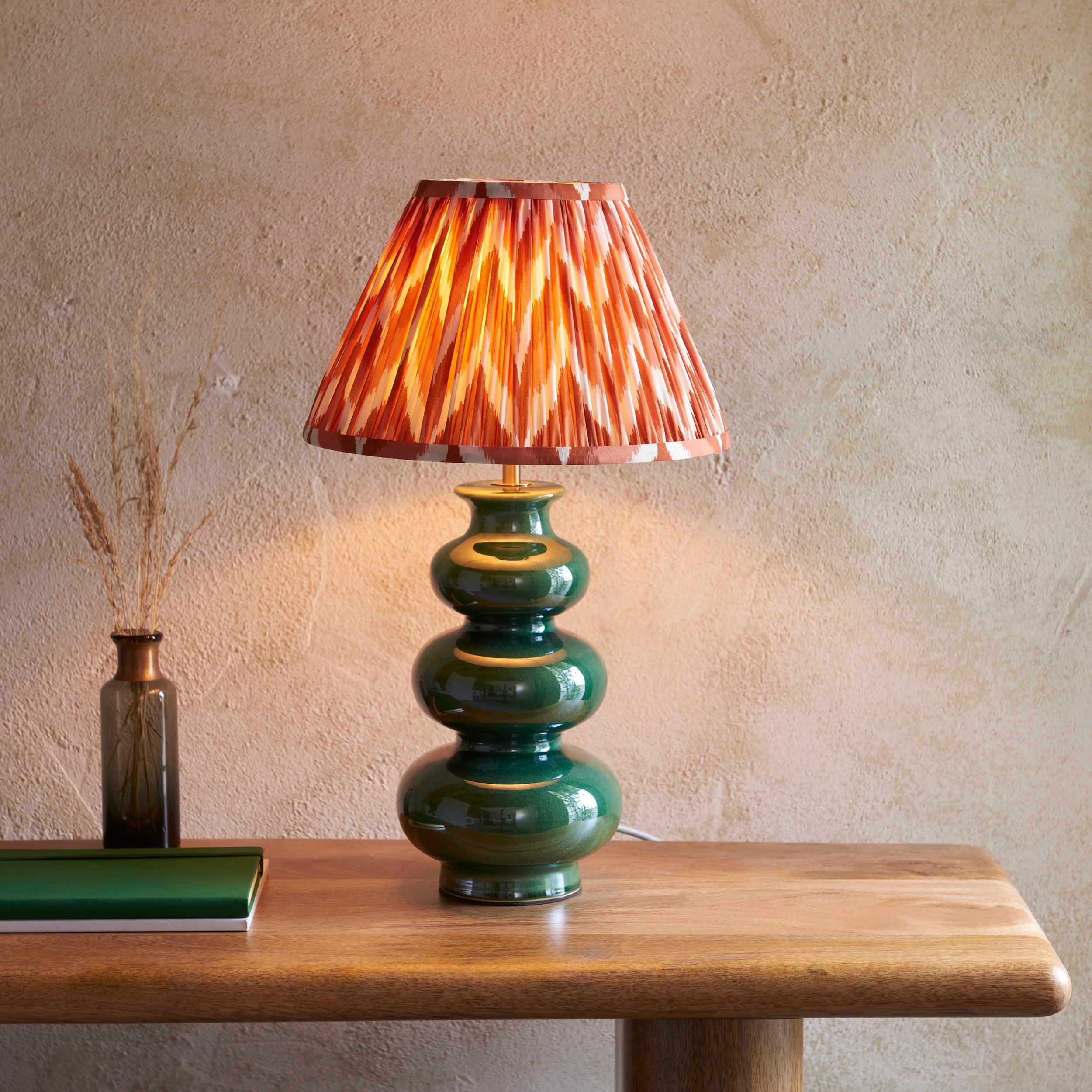 Monroe Green Ceramic Table Lamp & Zigzag 30cm Apricot Orange Shade