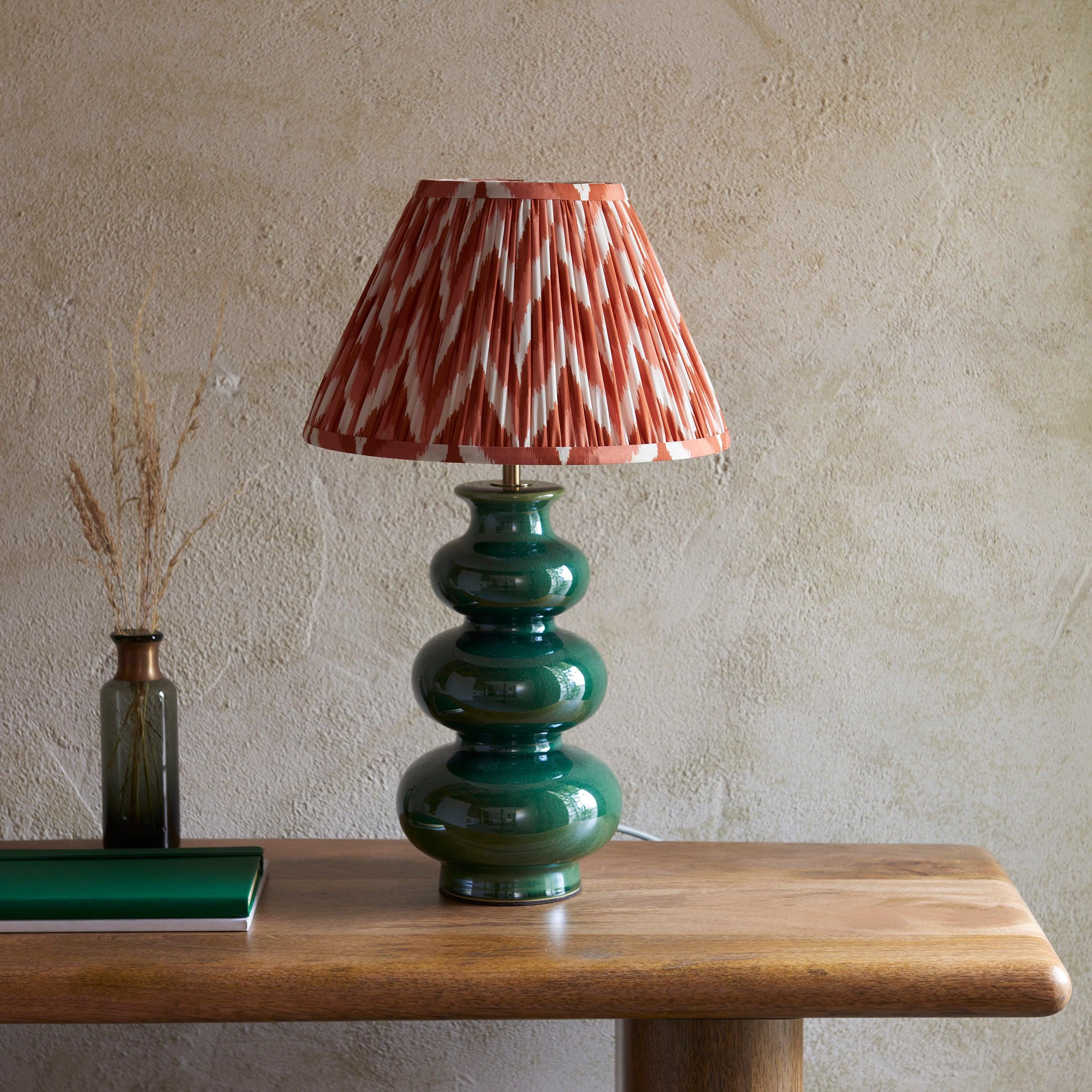 Monroe Green Ceramic Table Lamp & Zigzag 30cm Apricot Orange Shade