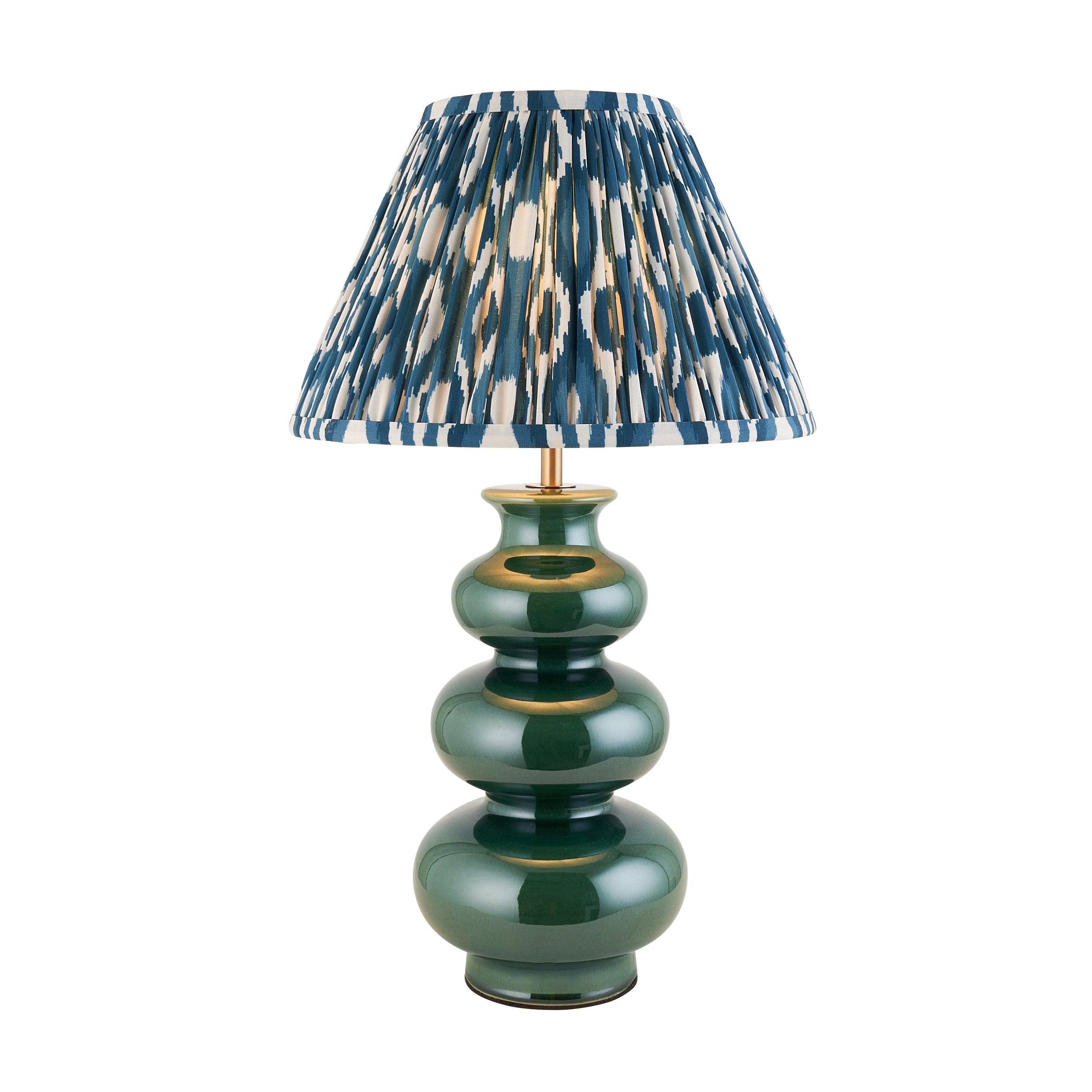 Monroe Green Ceramic Table Lamp & Ikat 30cm Marlin Blue Shade