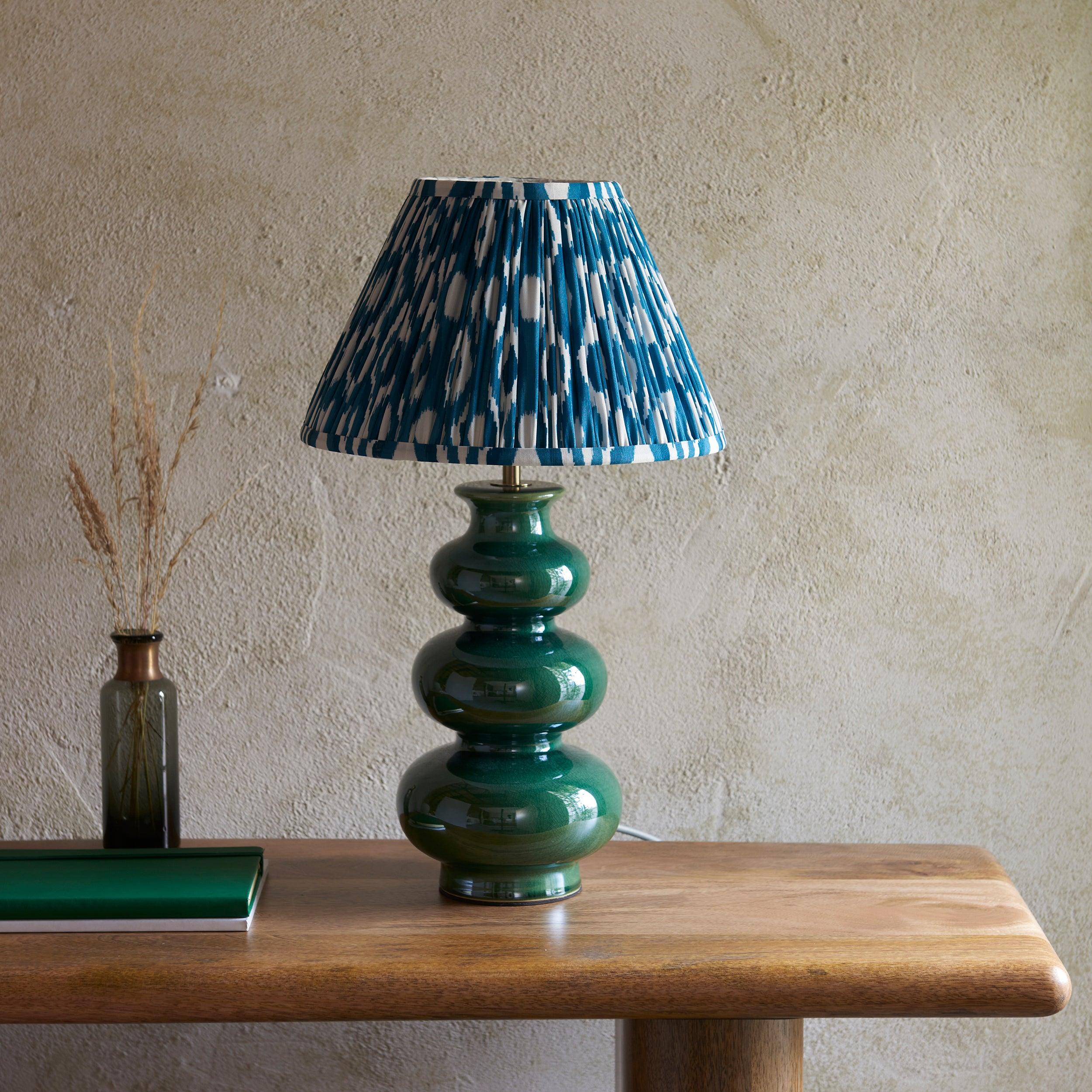 Monroe Green Ceramic Table Lamp & Ikat 30cm Marlin Blue Shade