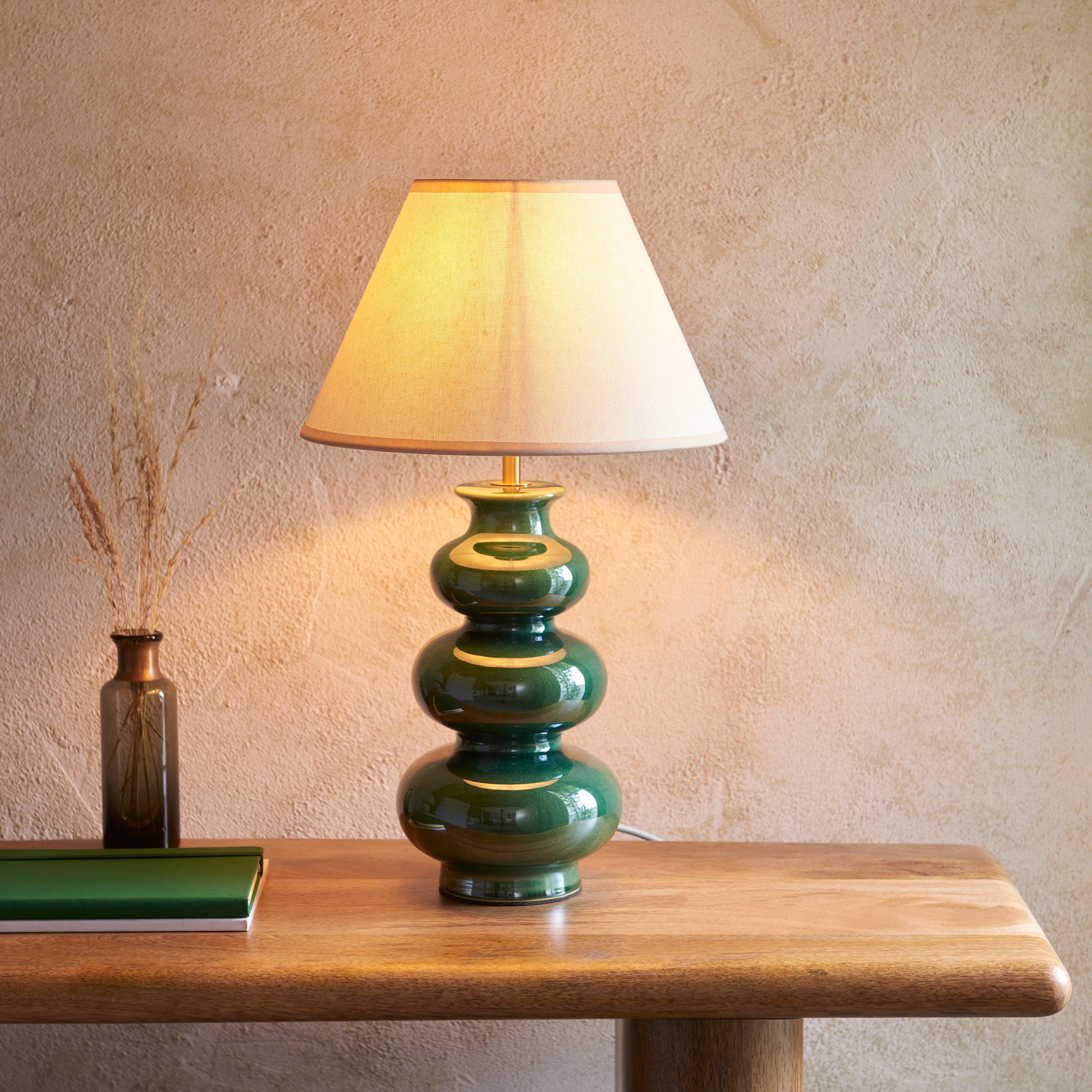Monroe Green Ceramic Table Lamp & Ivy 30cm Vintage White Shade