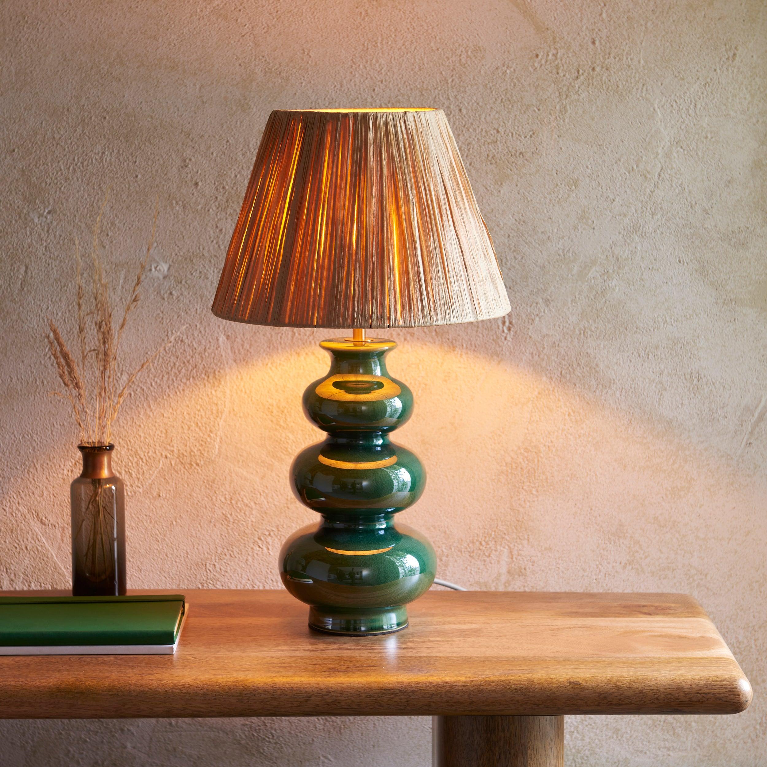 Monroe Green Ceramic Table Lamp & Raffia 30cm Natural Raffia Shade