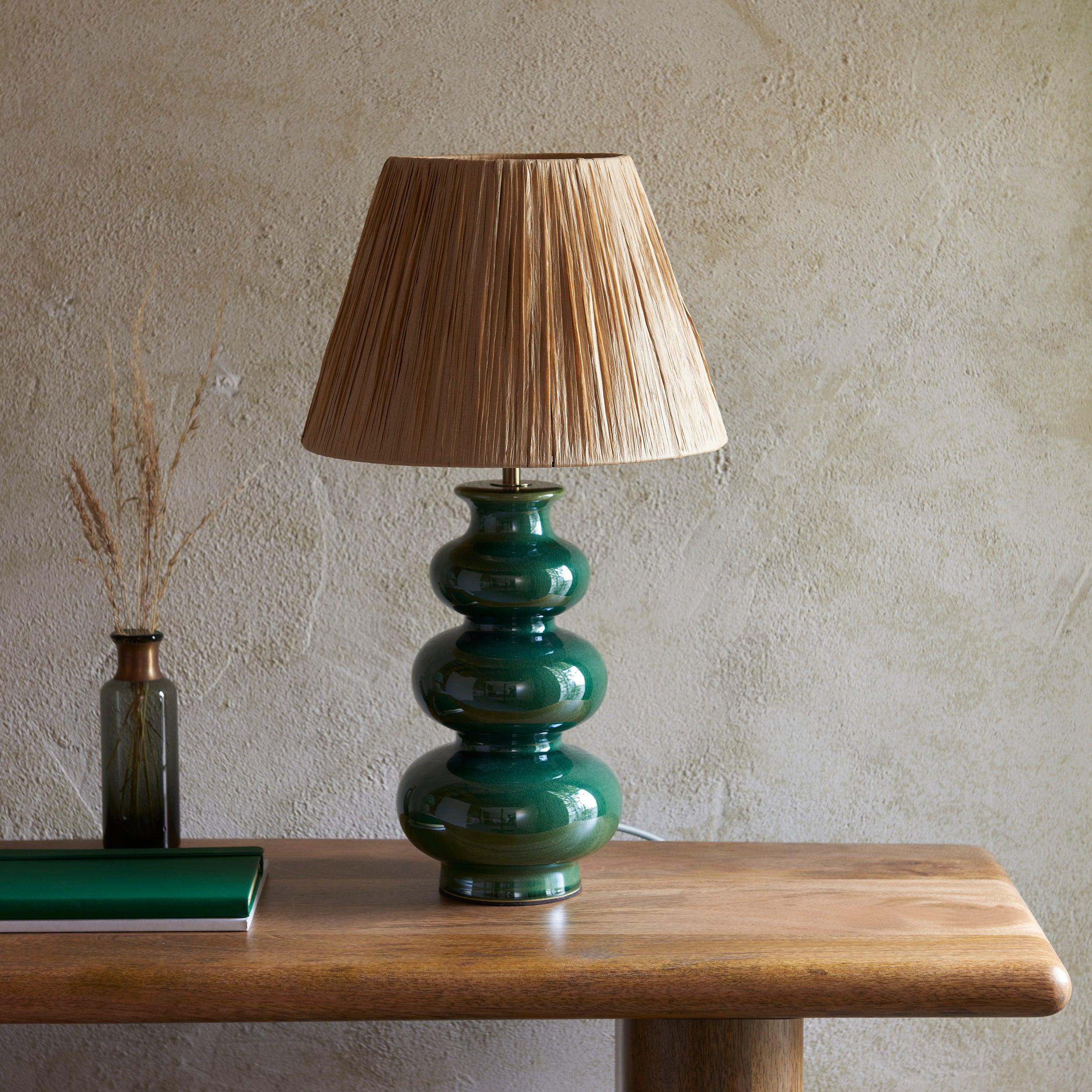 Monroe Green Ceramic Table Lamp & Raffia 30cm Natural Raffia Shade