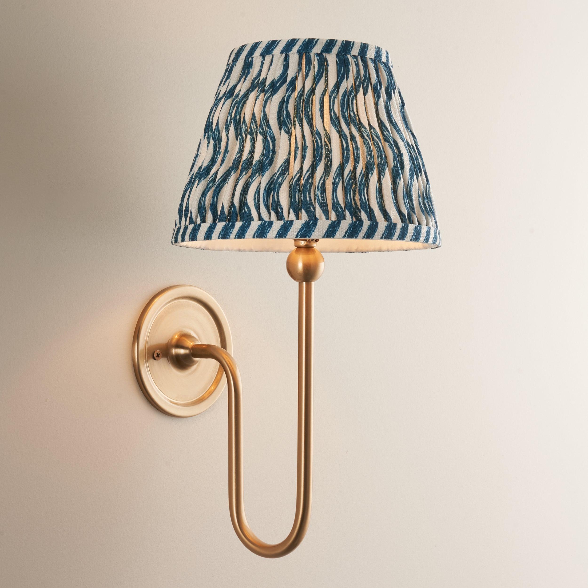 Santiago Long Line Brass Wall Light With 20cm Blue Ripple Shade