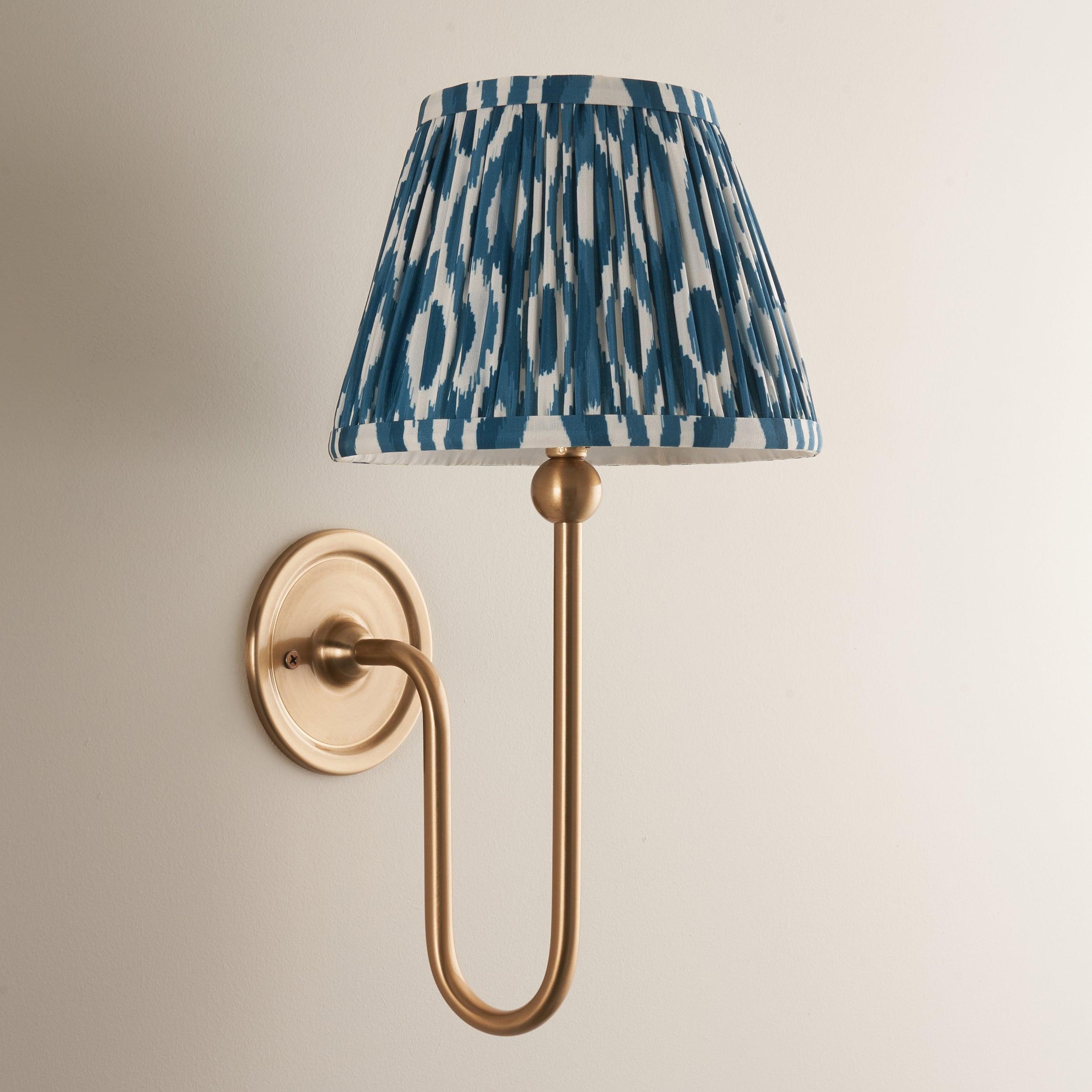 Santiago Long Line Brass Wall Light With 20cm Blue Ikat Shade