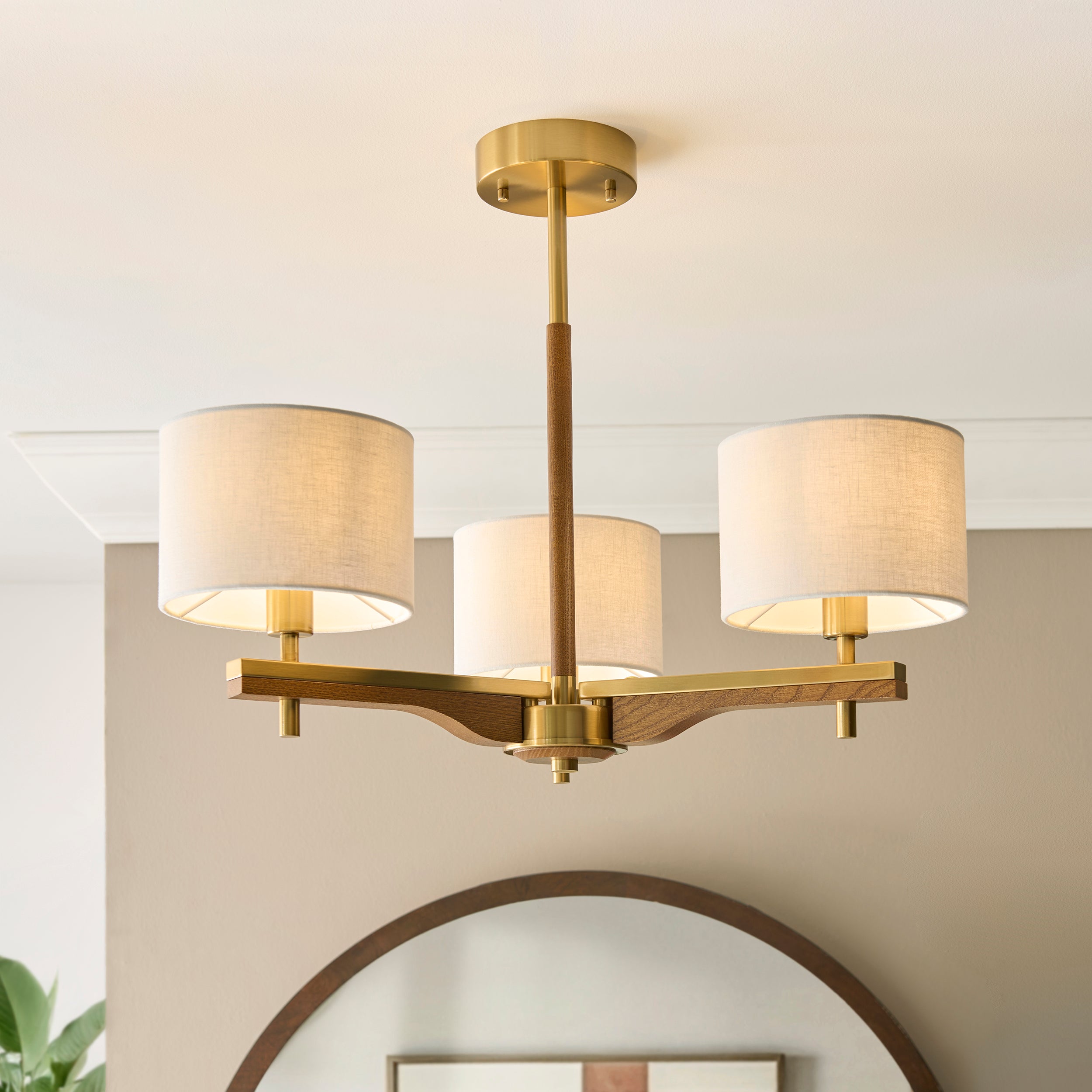Heathcliff 3 Arm Solid Wood & Brass Semi Flush Ceiling Light