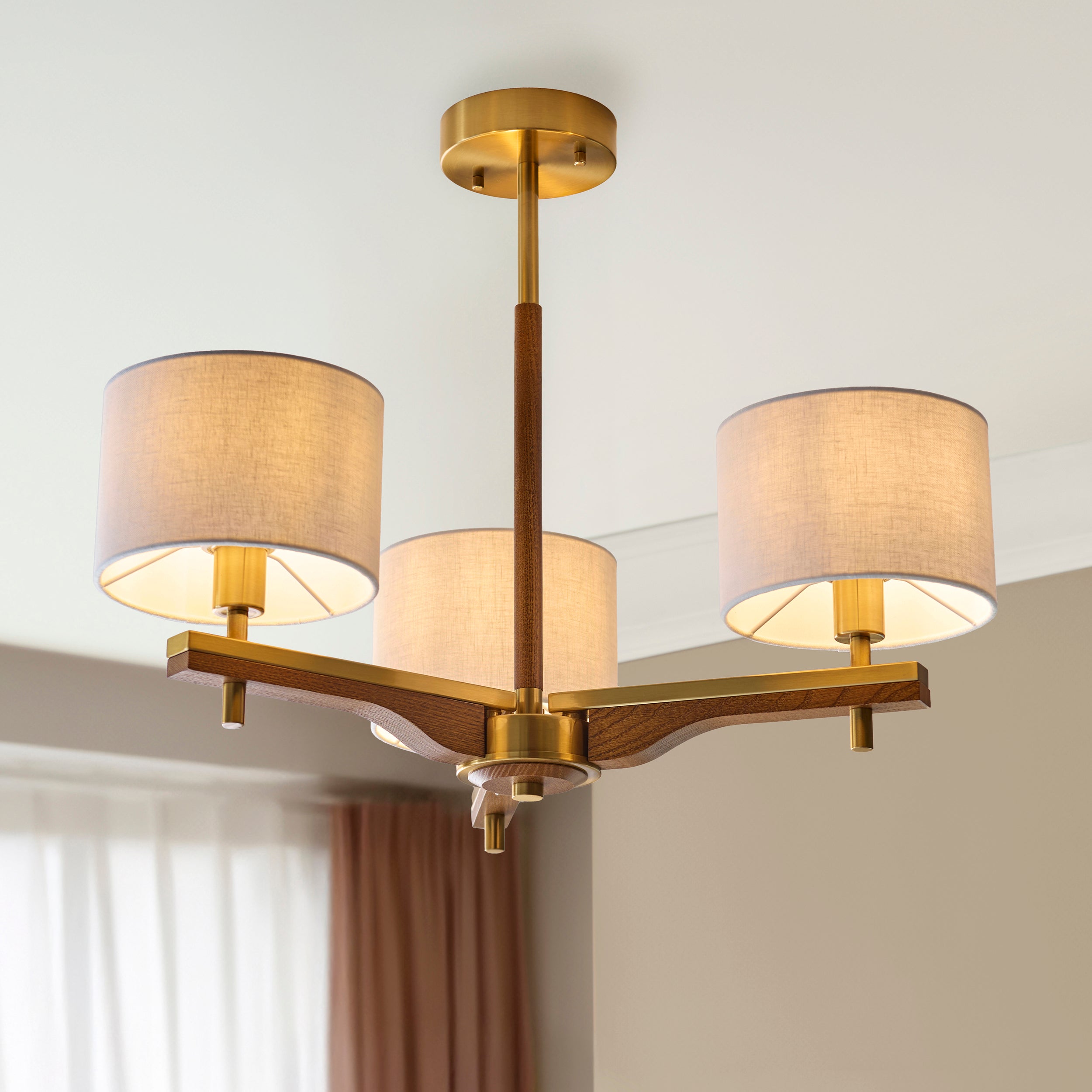 Heathcliff 3 Arm Solid Wood & Brass Semi Flush Ceiling Light