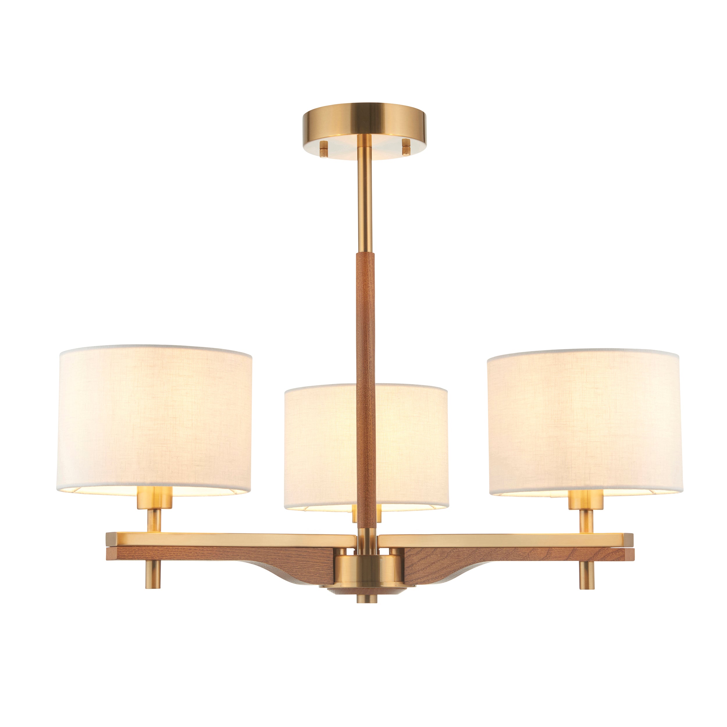 Heathcliff 3 Arm Solid Wood & Brass Semi Flush Ceiling Light