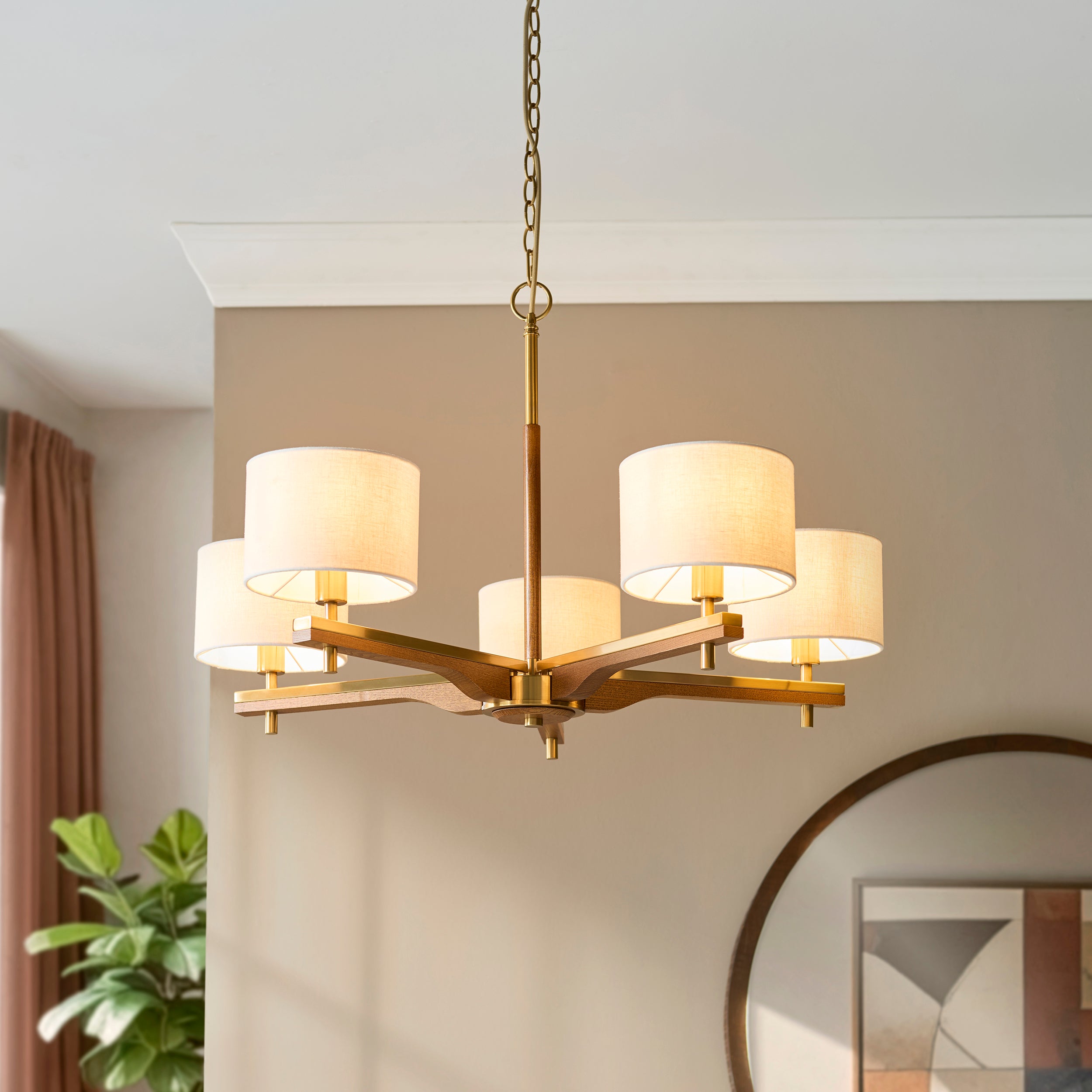 Heathcliff 5 Arm Solid Wood & Brass Pendant Ceiling Light