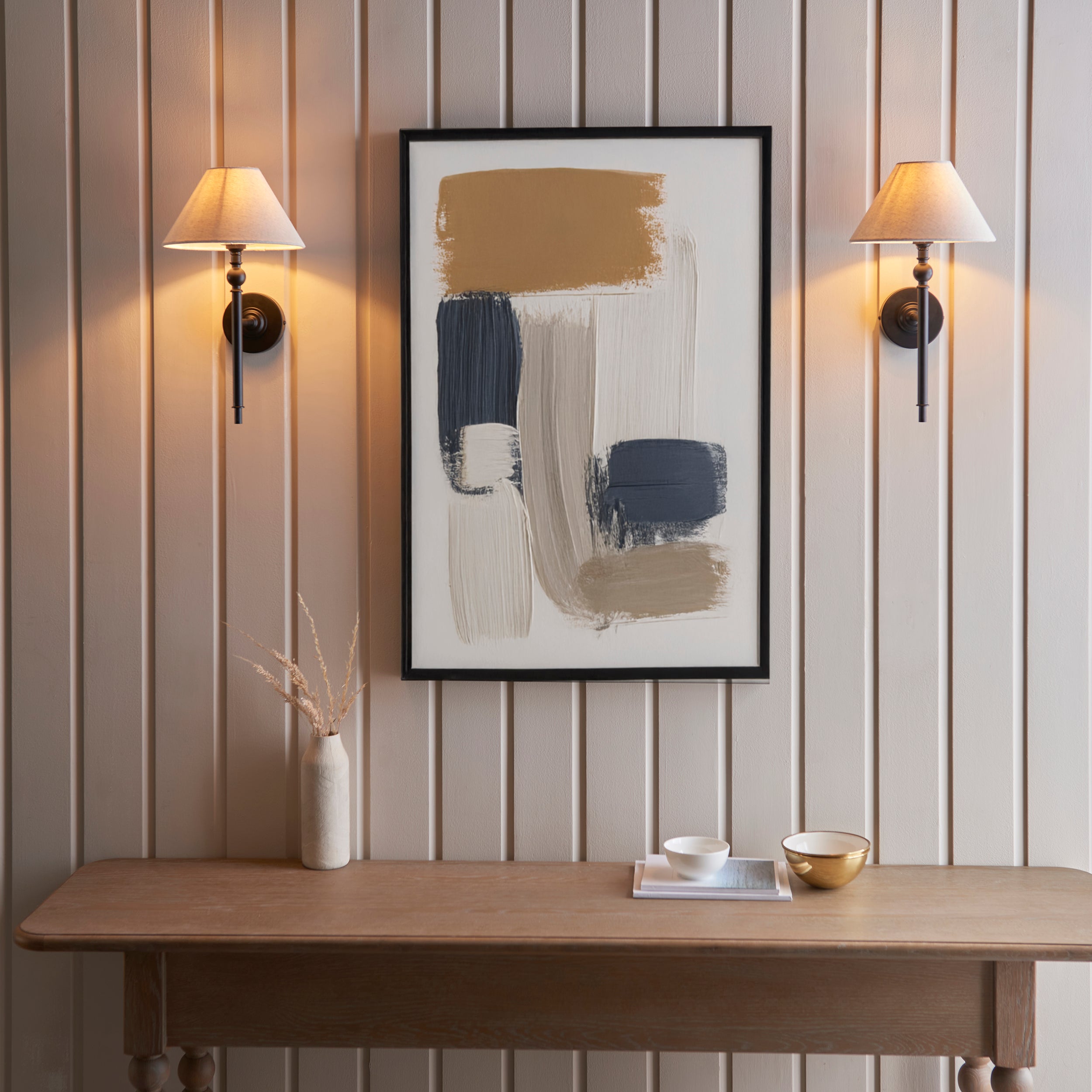 Endon Lille Black Wall Light - Natural Linen Shade