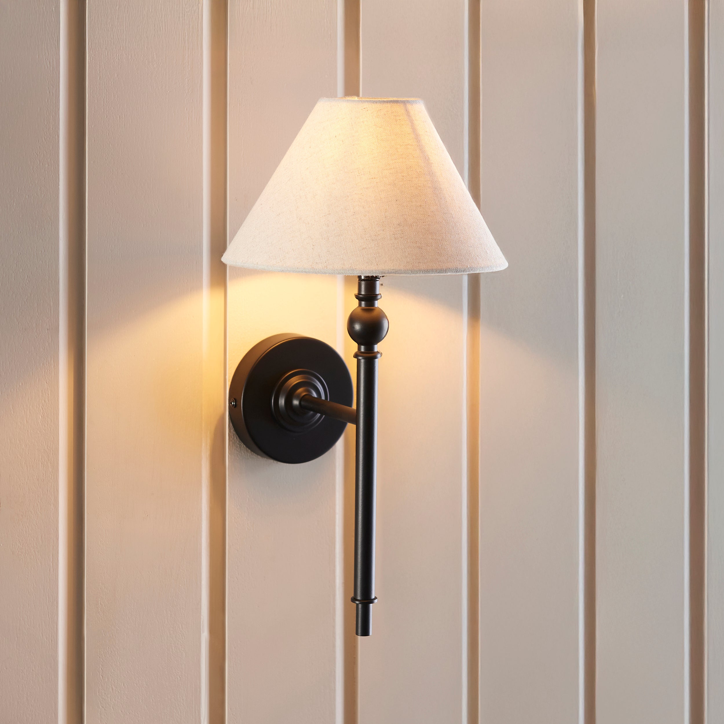 Endon Lille Black Wall Light - Natural Linen Shade