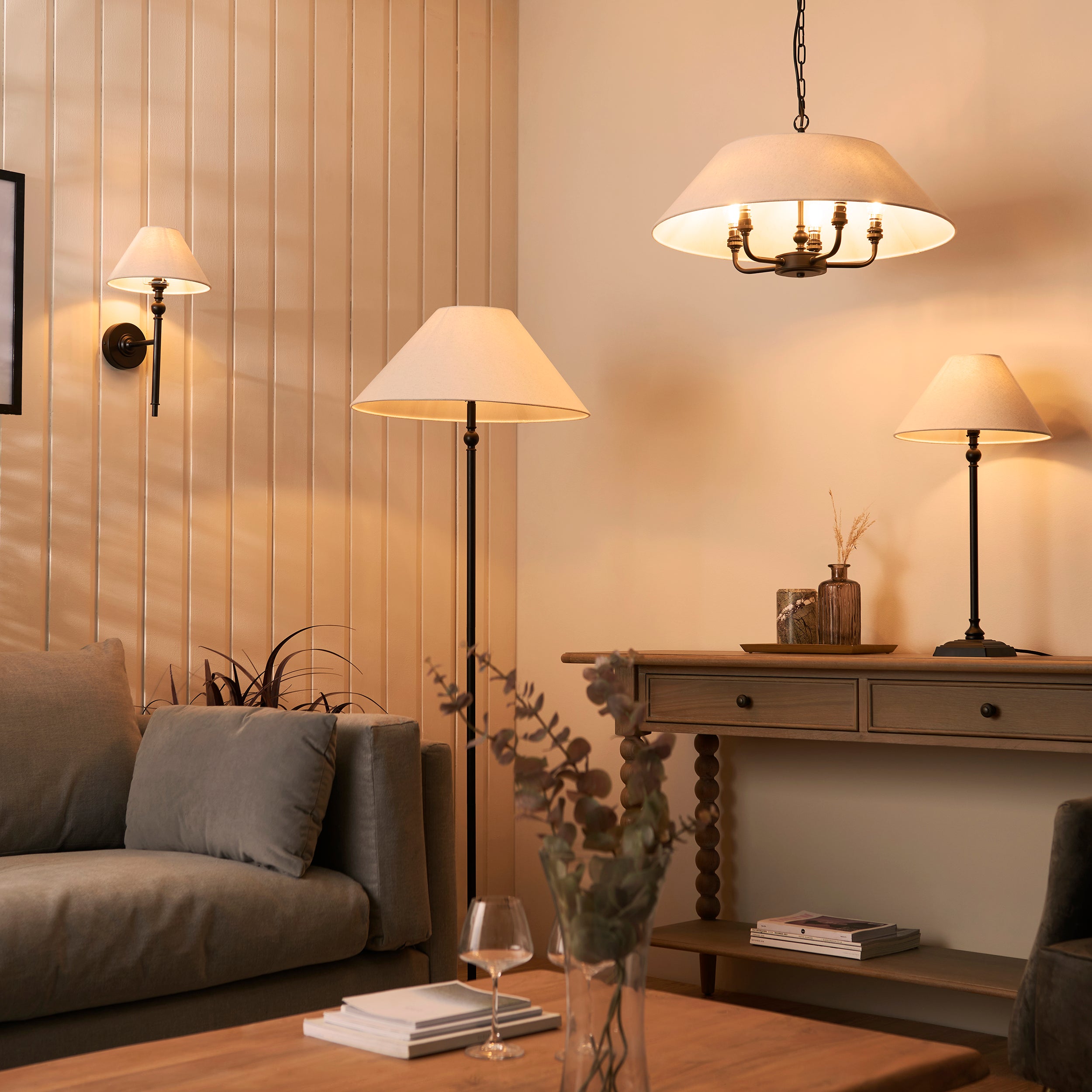 Endon Lille Black Wall Light - Natural Linen Shade