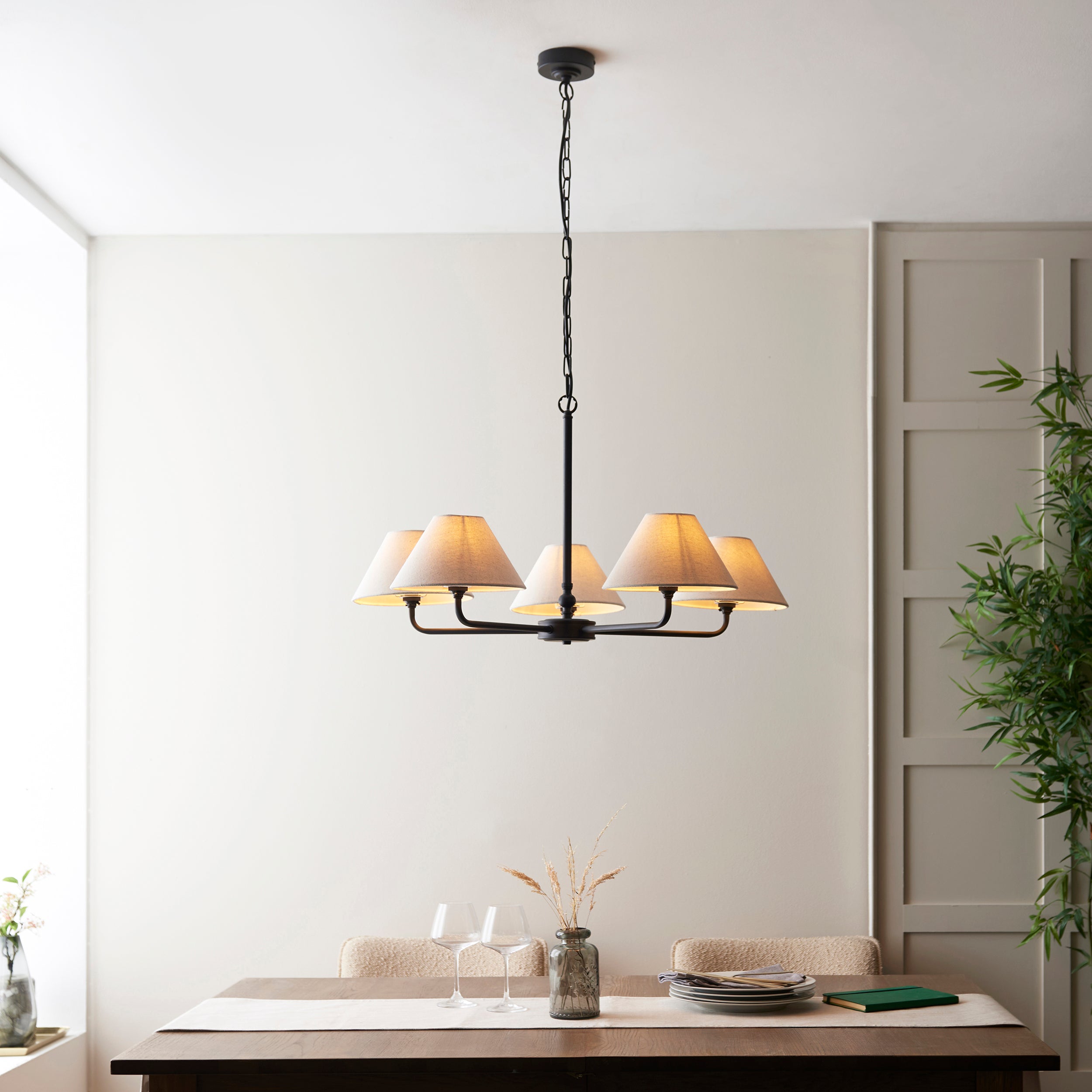 Lille Black 5 Light Pendant - Linen Shade
