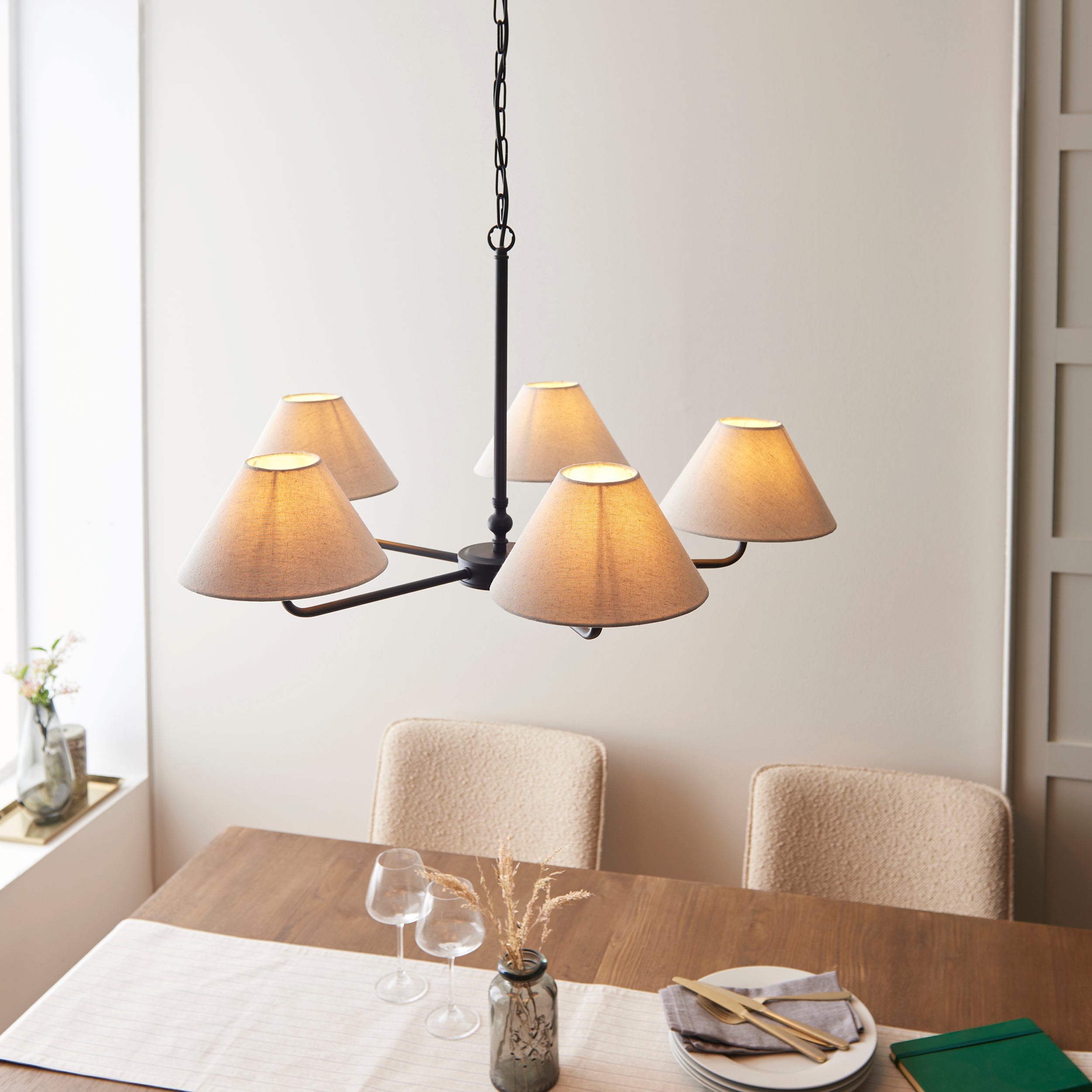 Lille Black 5 Light Pendant - Linen Shade