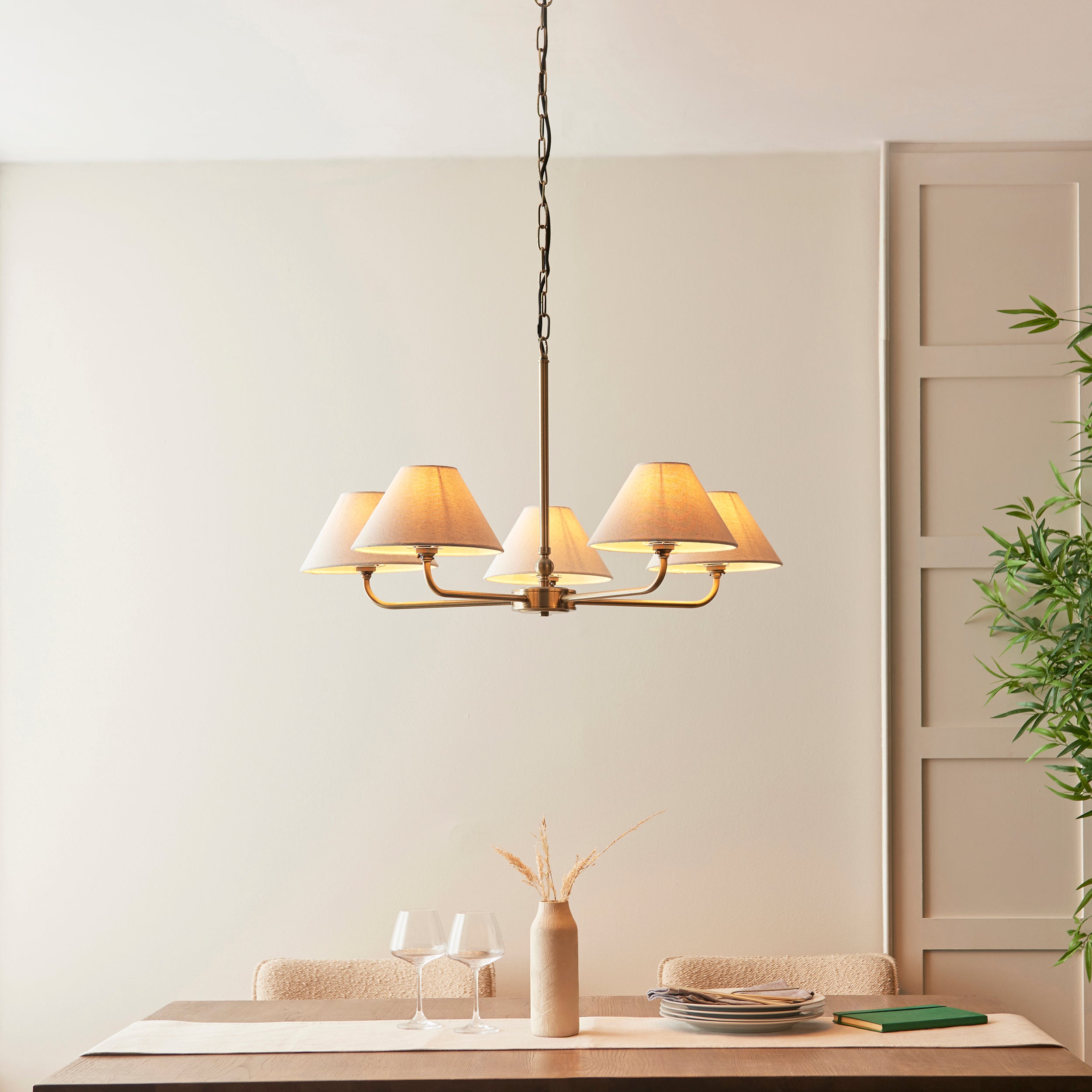 Lille Brass 5 Light Pendant - Linen Shade