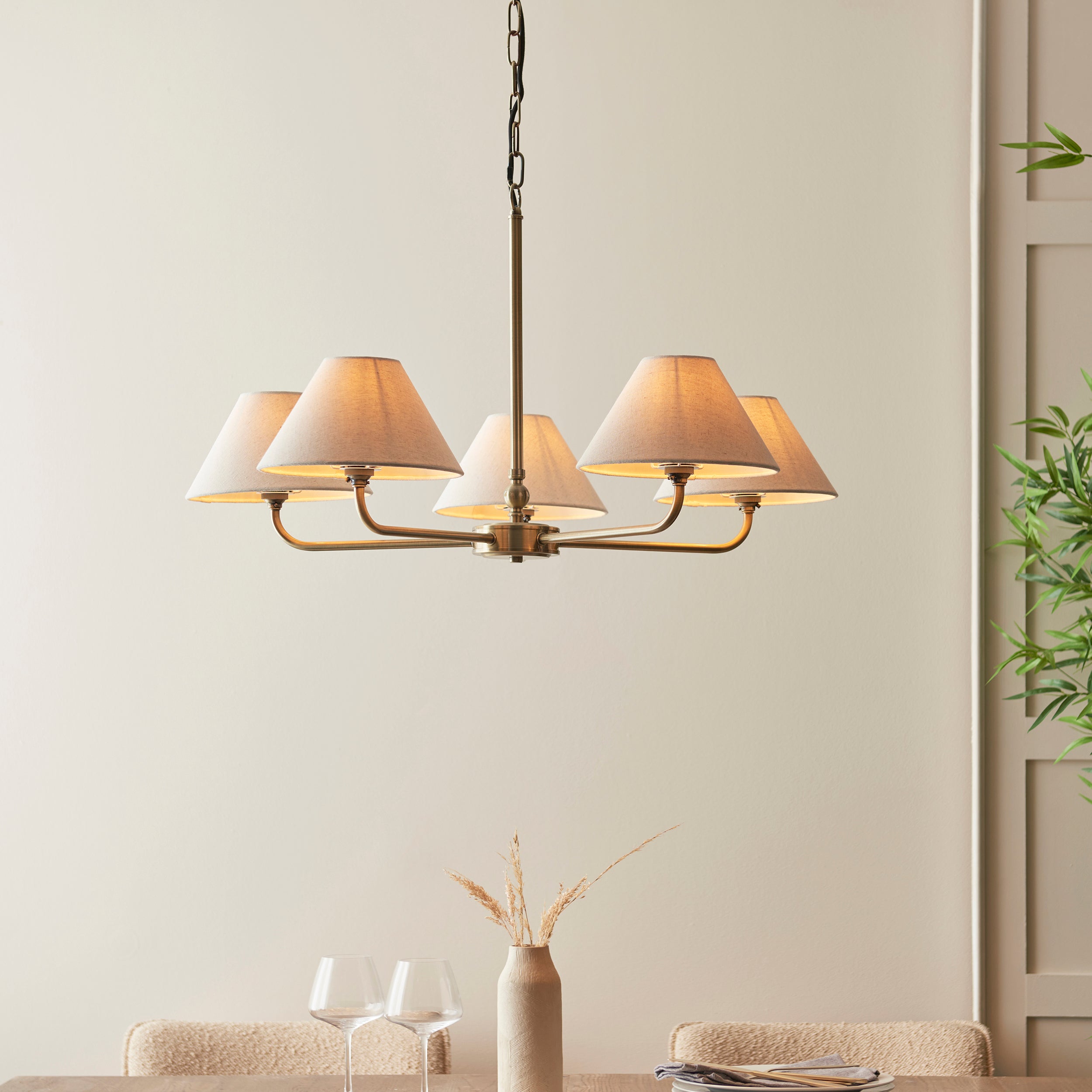 Lille Brass 5 Light Pendant - Linen Shade