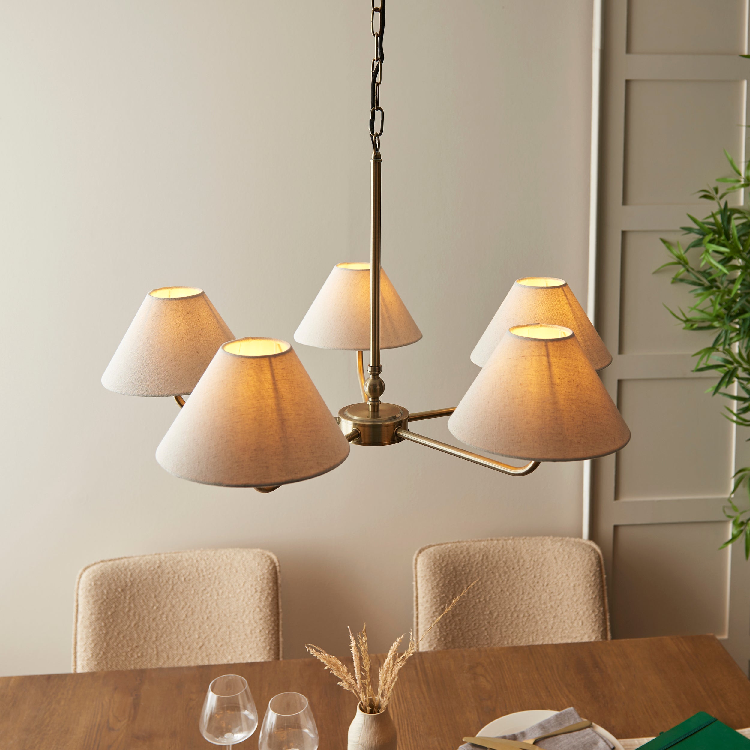 Lille Brass 5 Light Pendant - Linen Shade