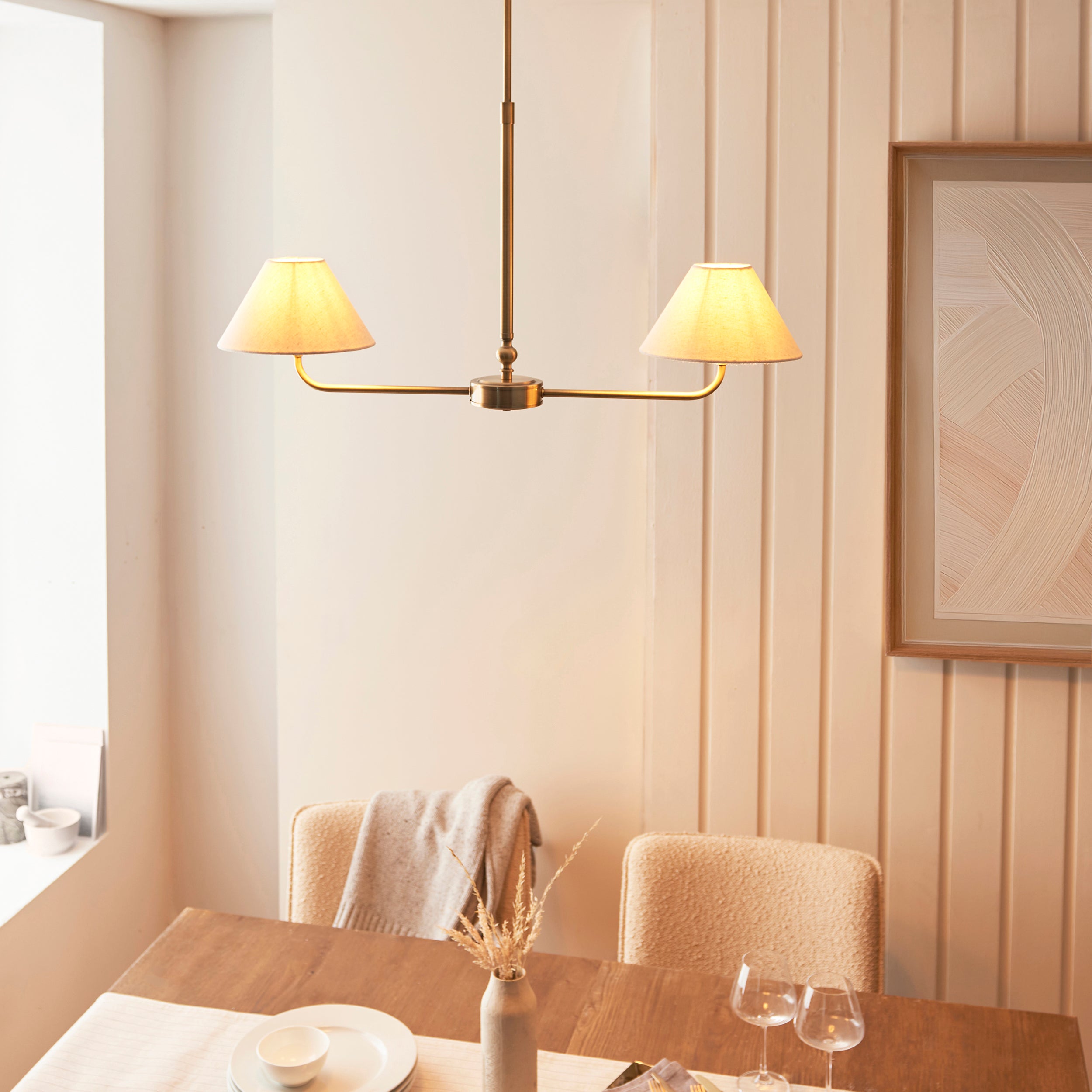 Lille Brass 2 Light Pendant - Linen Shade
