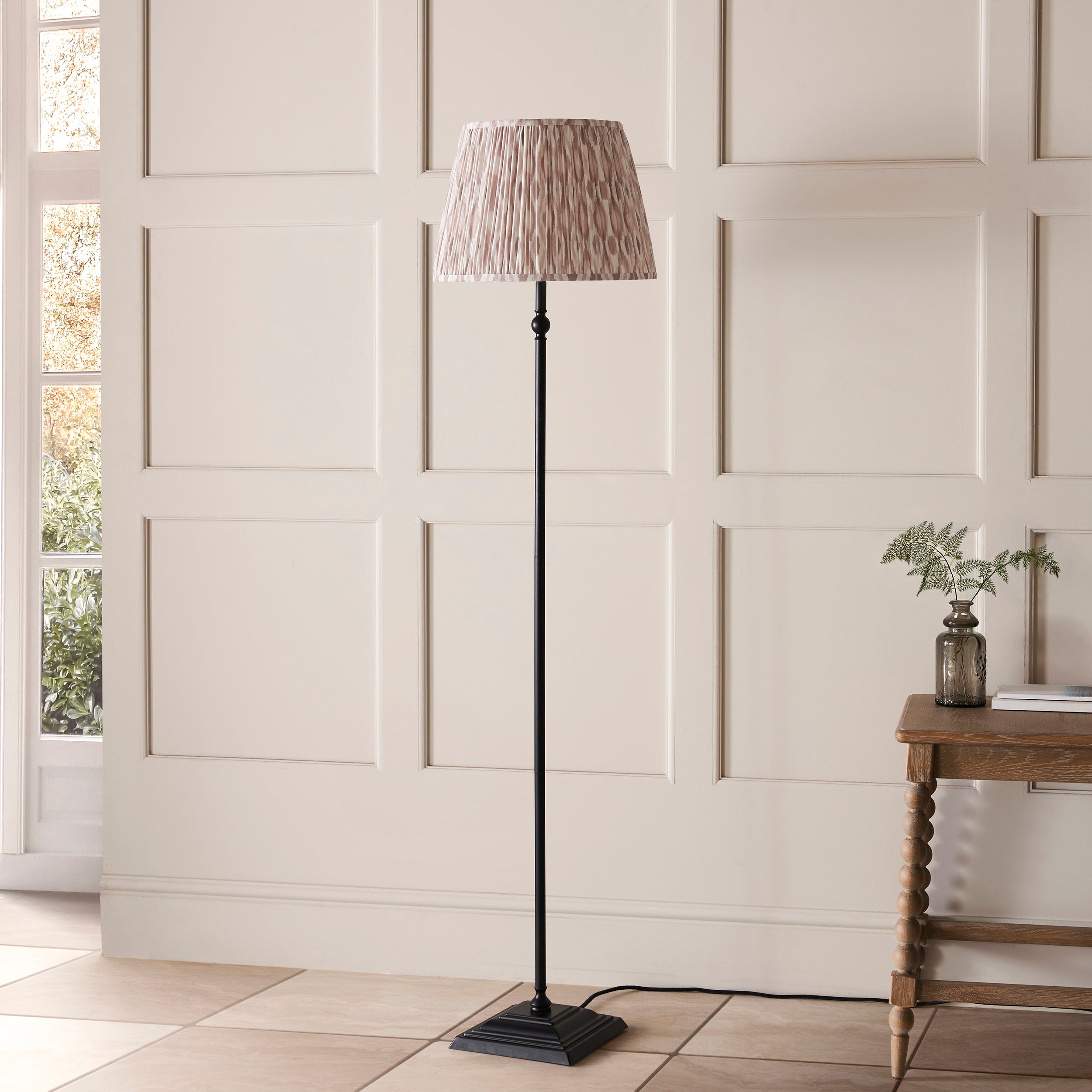 Lille Black Floor Lamp & Neutral Ikat 40cm Shade