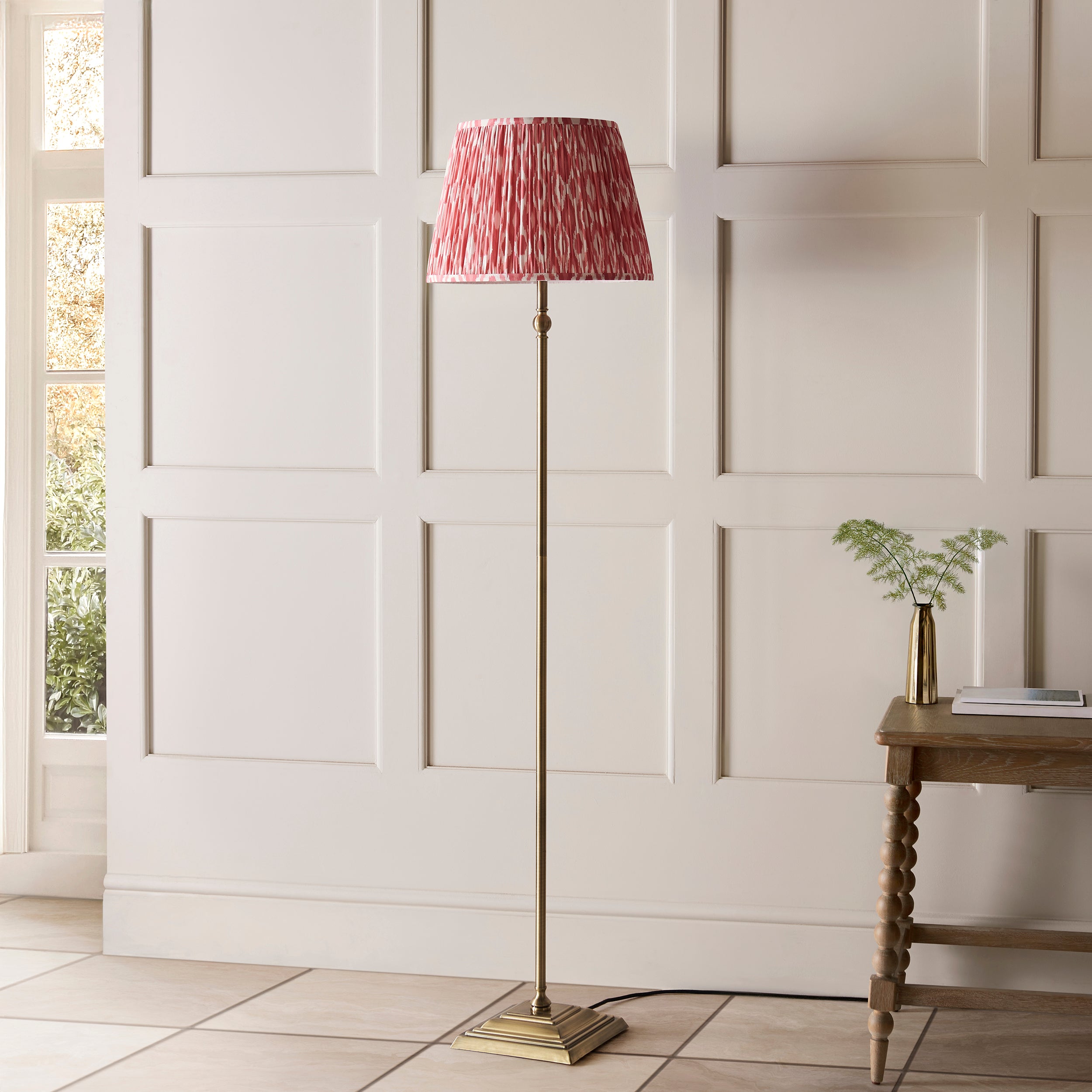 Lille Brass Floor Lamp & Coral Pink Ikat 40cm Shade