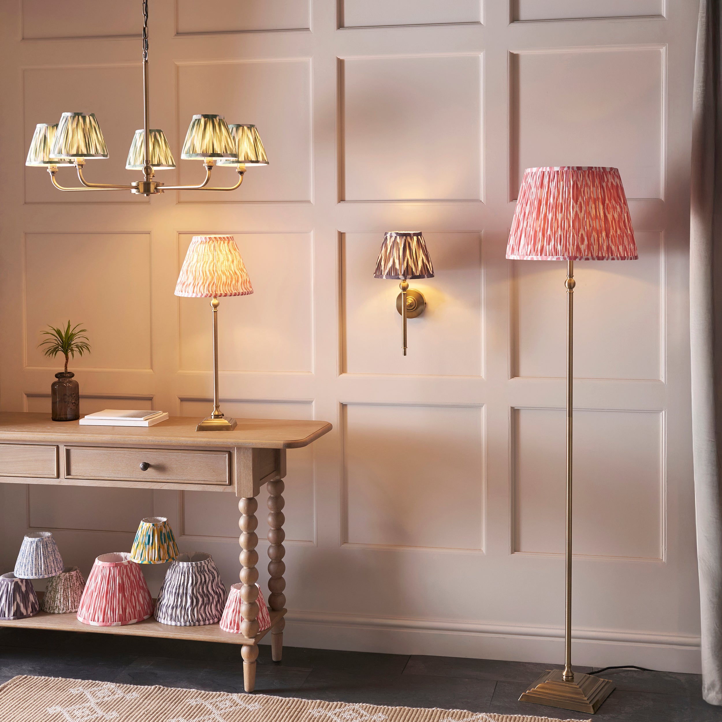 Lille Brass Floor Lamp & Coral Pink Ikat 40cm Shade