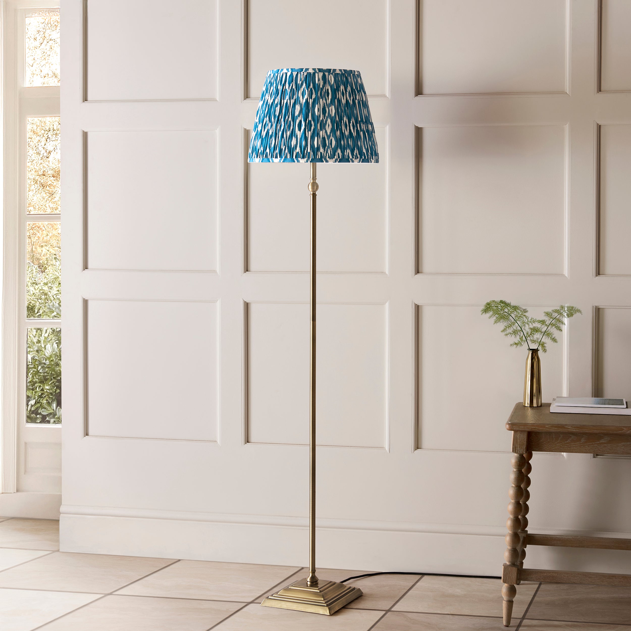Lille Brass Floor Lamp & Blue Ikat 40cm Shade