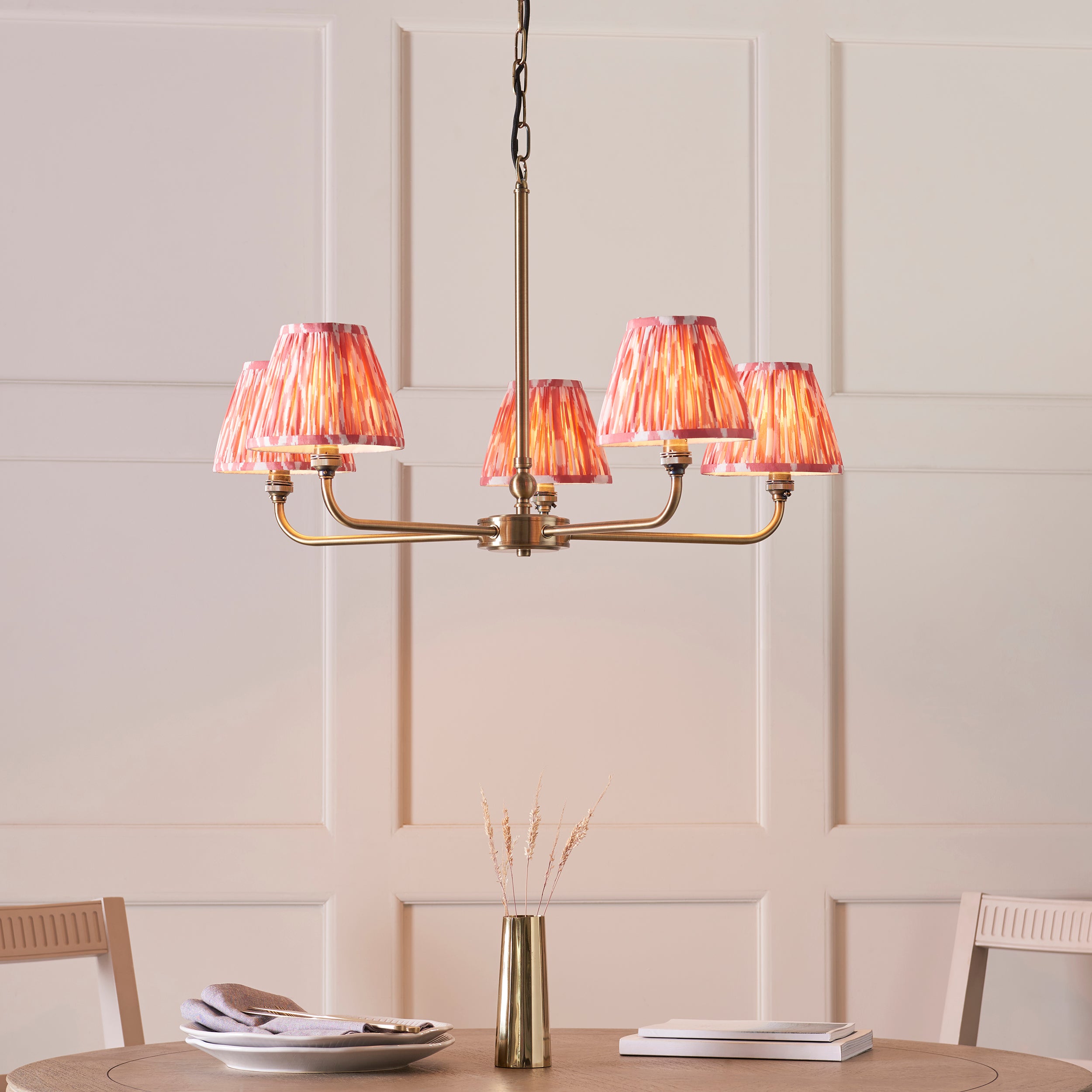 Lille Brass 5 Light Pendant & Coral Pink Ikat 16cm Shades