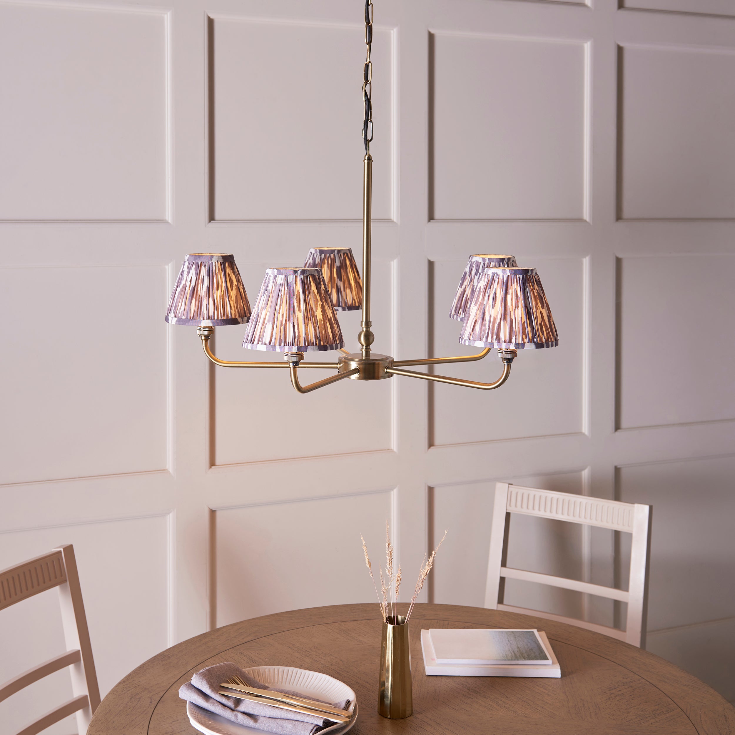 Lille Brass 5 Light Pendant & Grey Ikat 16cm Shades