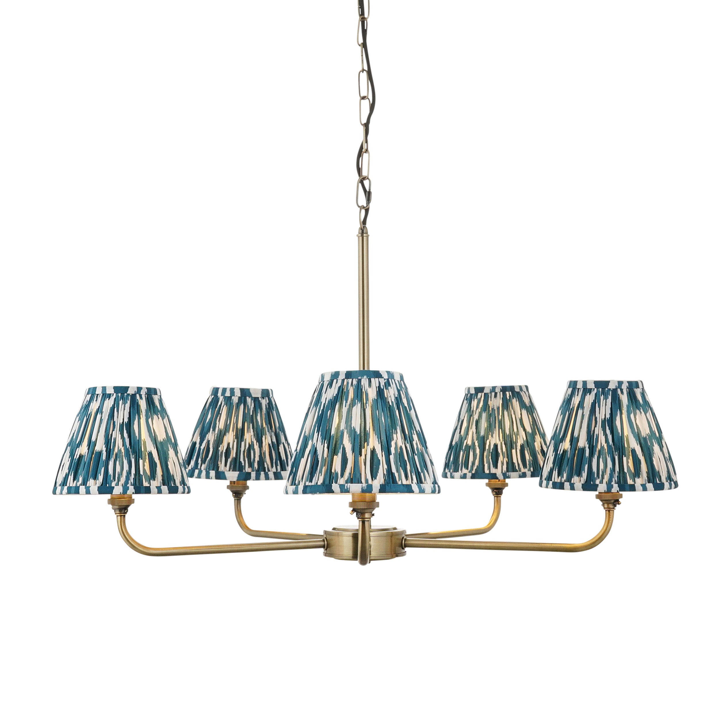 Lille Brass 5 Light Pendant & Blue Ikat 16cm Shades 118054 by Endon Lighting