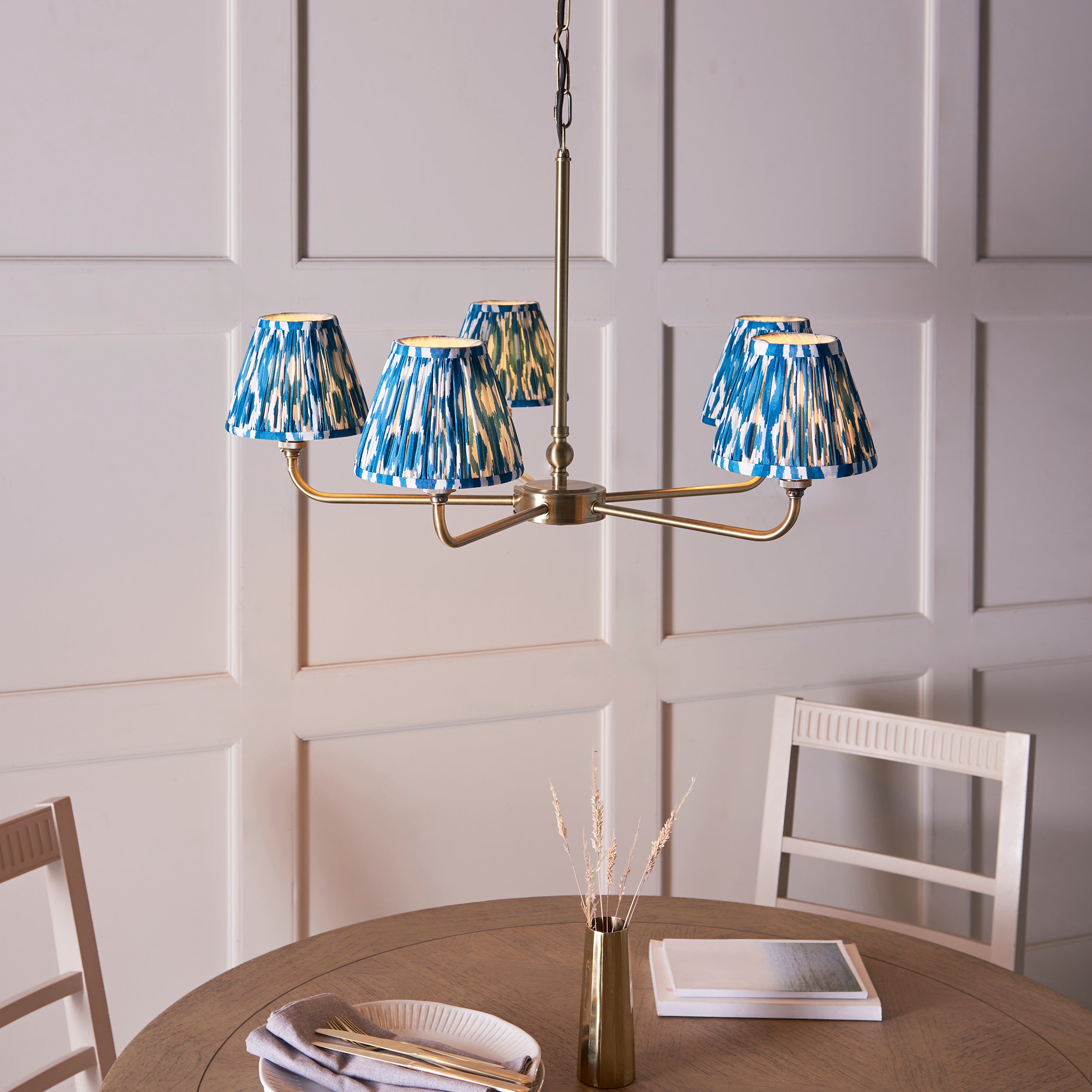 Lille Brass 5 Light Pendant & Blue Ikat 16cm Shades