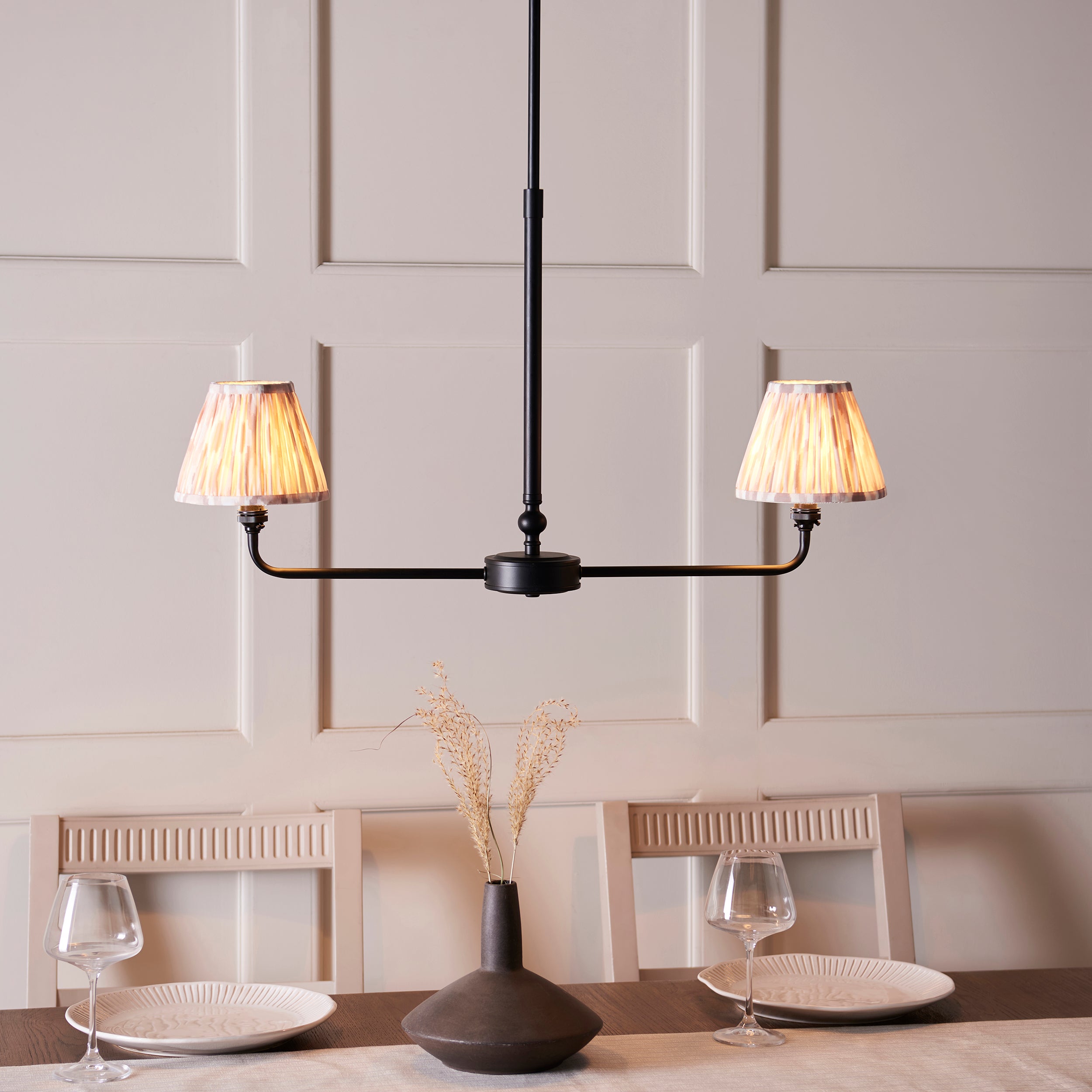 Lille Black 2 Light Linear Pendant & Neutral Ikat 16cm Shades