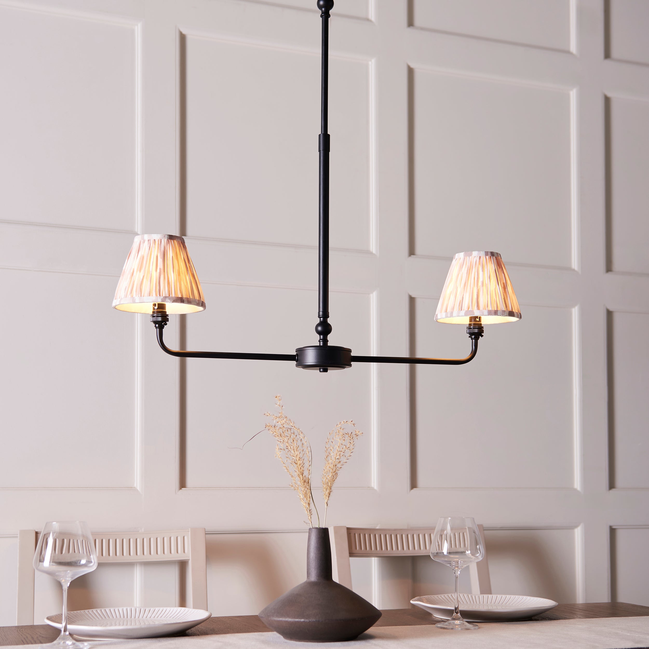 Lille Black 2 Light Linear Pendant & Neutral Ikat 16cm Shades