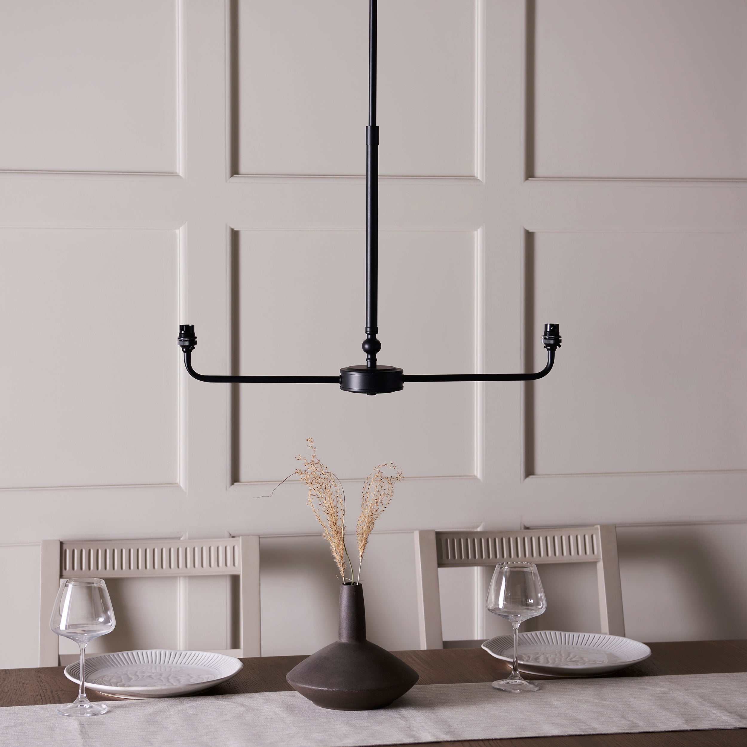 Lille Black 2 Light Linear Pendant & Neutral Ikat 16cm Shades