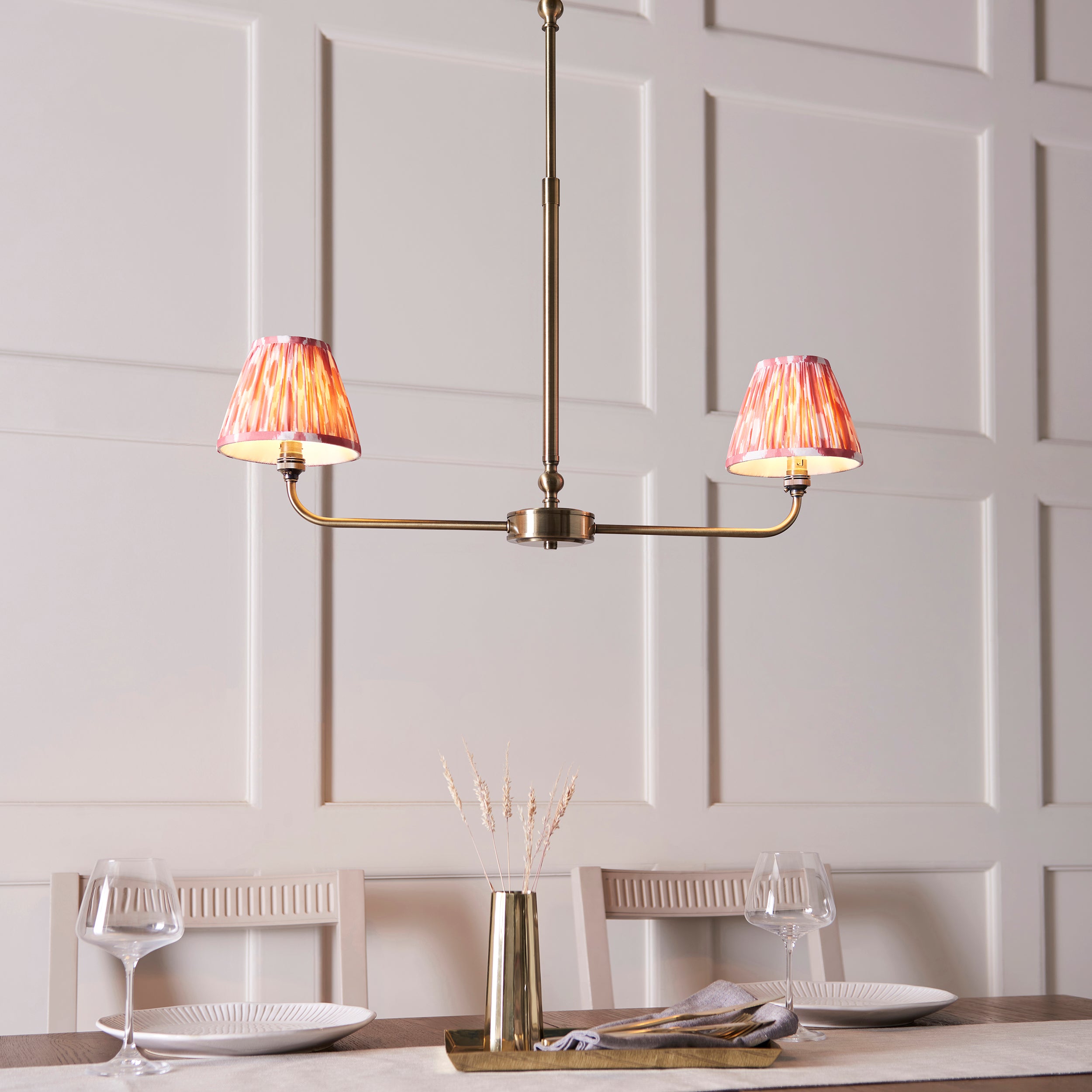 Lille Brass 2 Light Linear Pendant & Coral Pink Ikat 16cm Shades