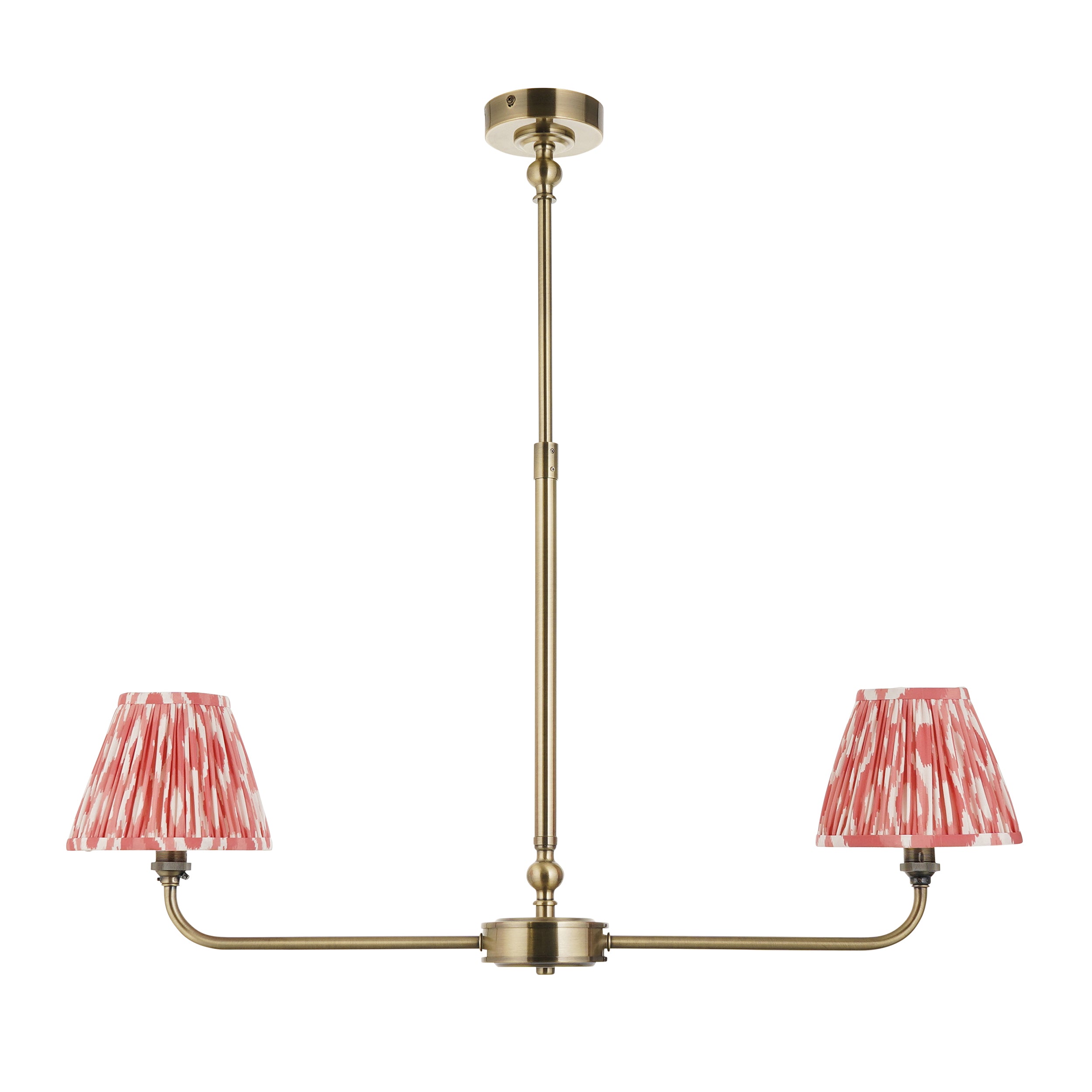 Lille Brass 2 Light Linear Pendant & Coral Pink Ikat 16cm Shades