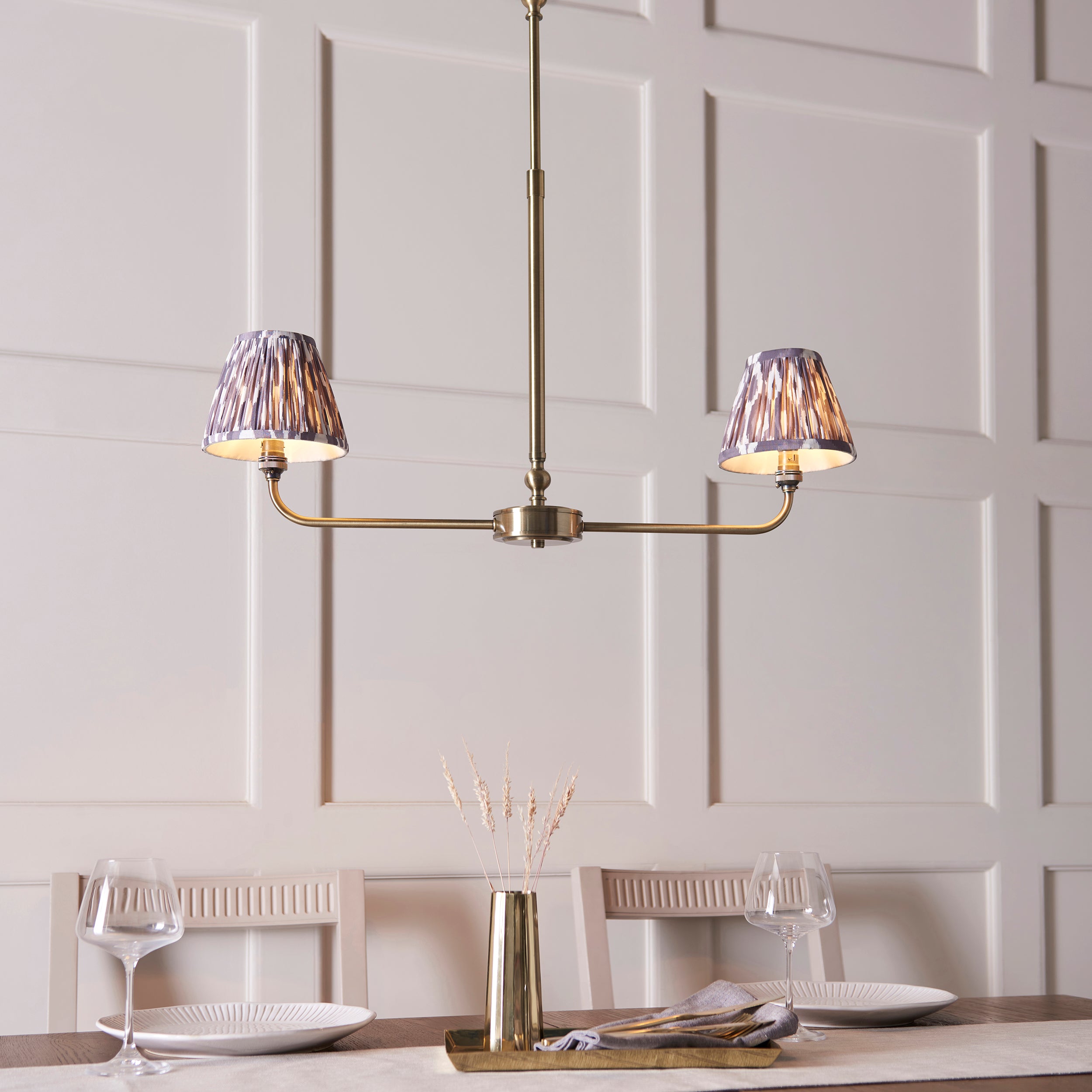 Lille Brass 2 Light Linear Pendant & Grey Ikat 16cm Shades