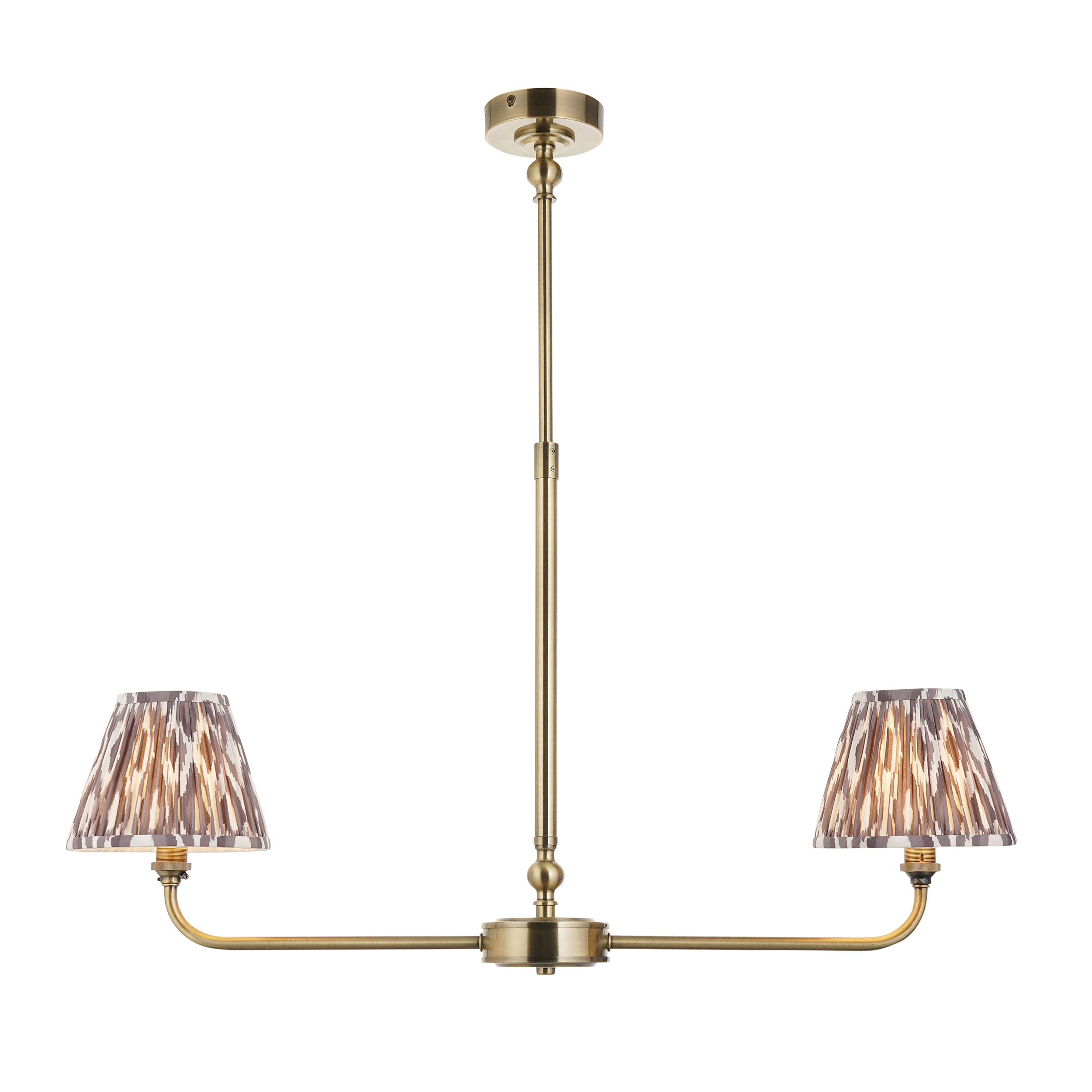 Lille Brass 2 Light Linear Pendant & Grey Ikat 16cm Shades