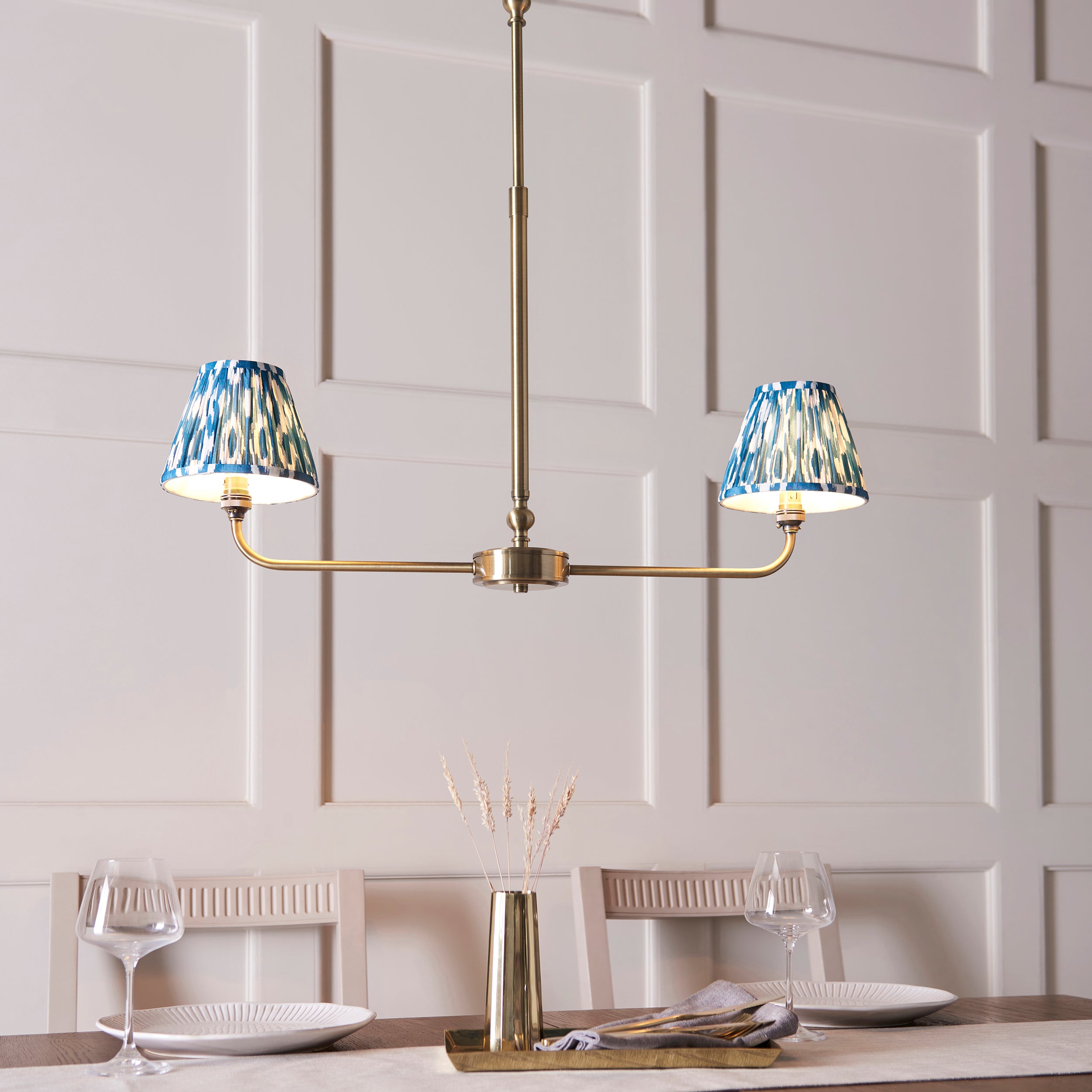 Lille Brass 2 Light Linear Pendant & Blue Ikat 16cm Shades