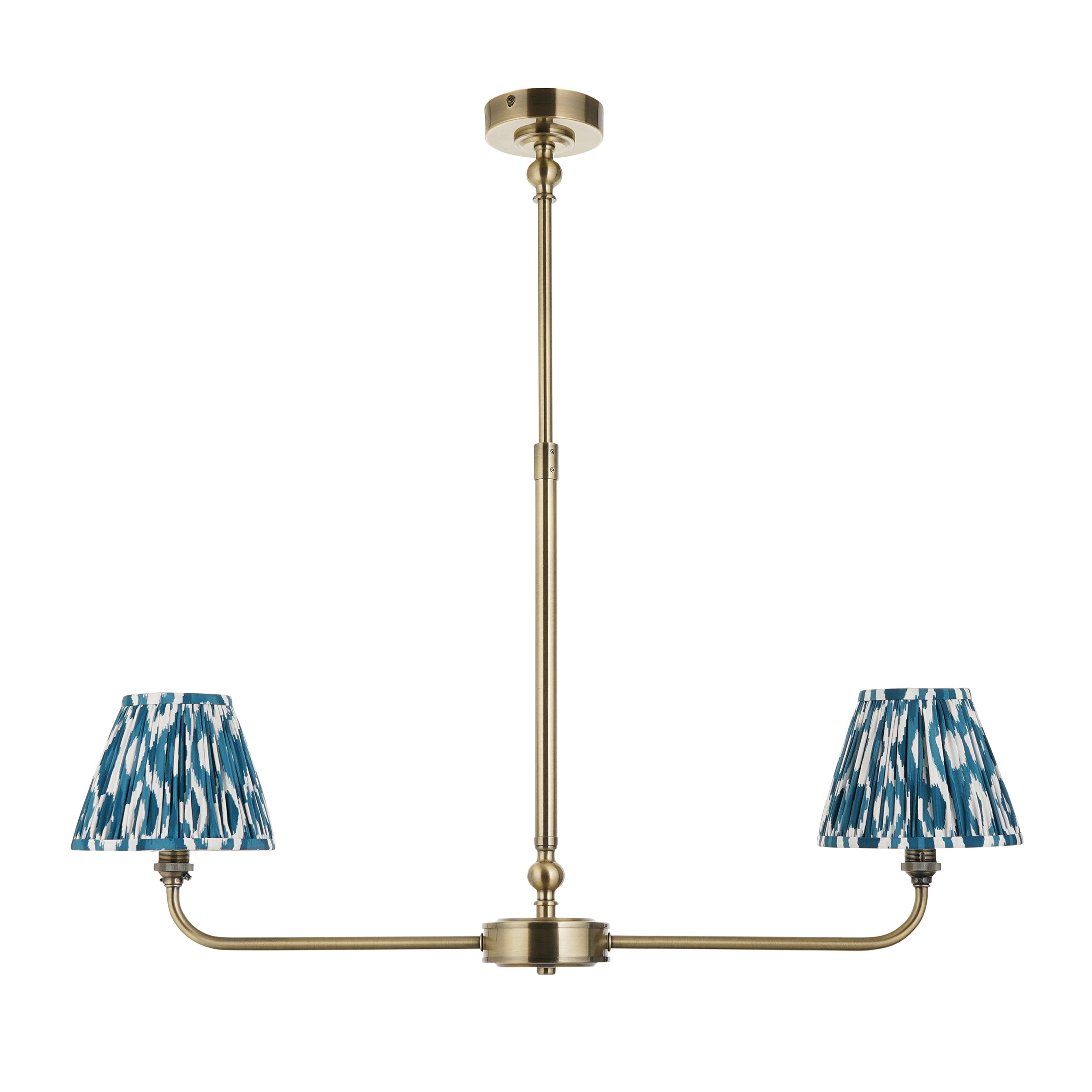 Lille Brass 2 Light Linear Pendant & Blue Ikat 16cm Shades