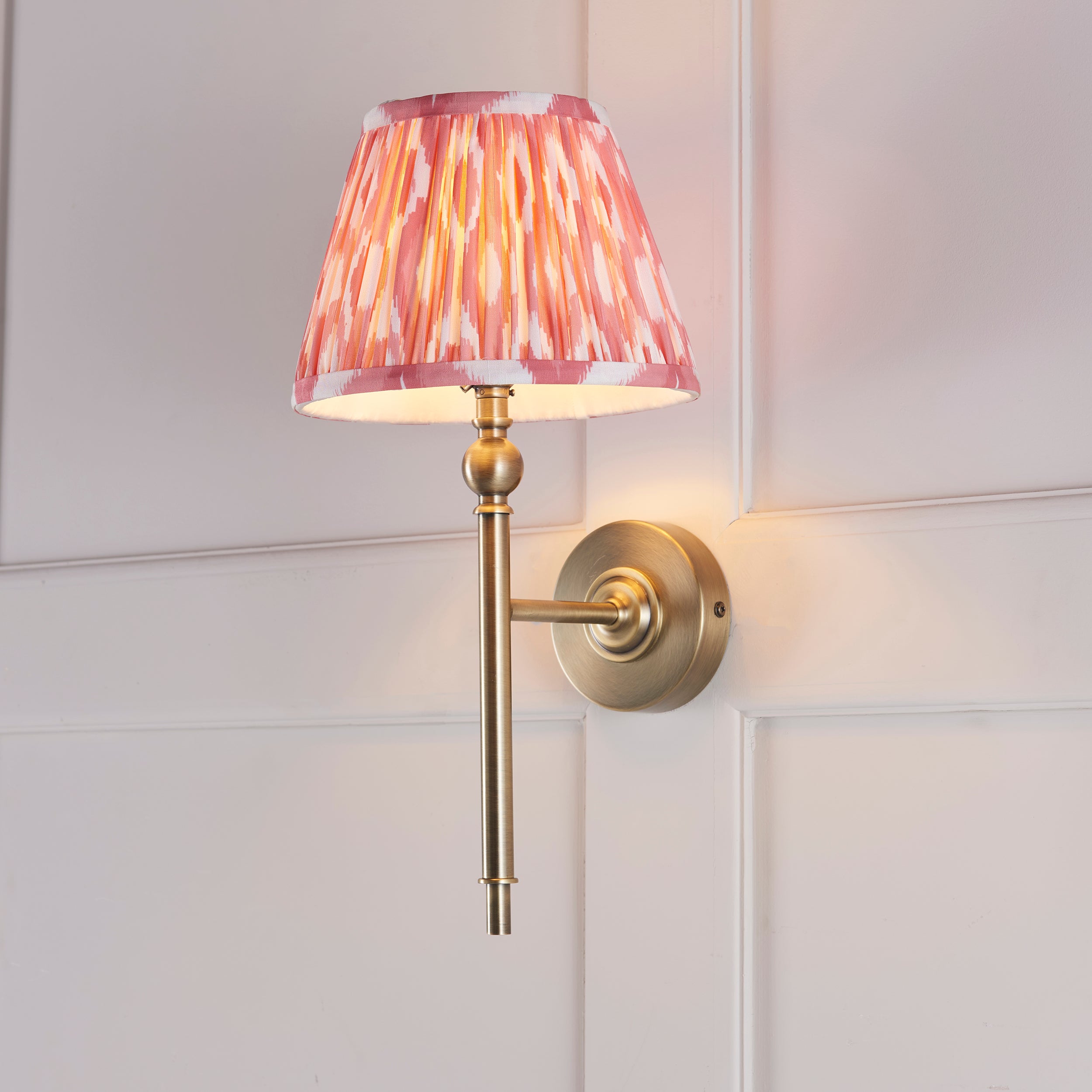 Lille Brass Wall Light & Coral Pink Ikat 20cm Shade