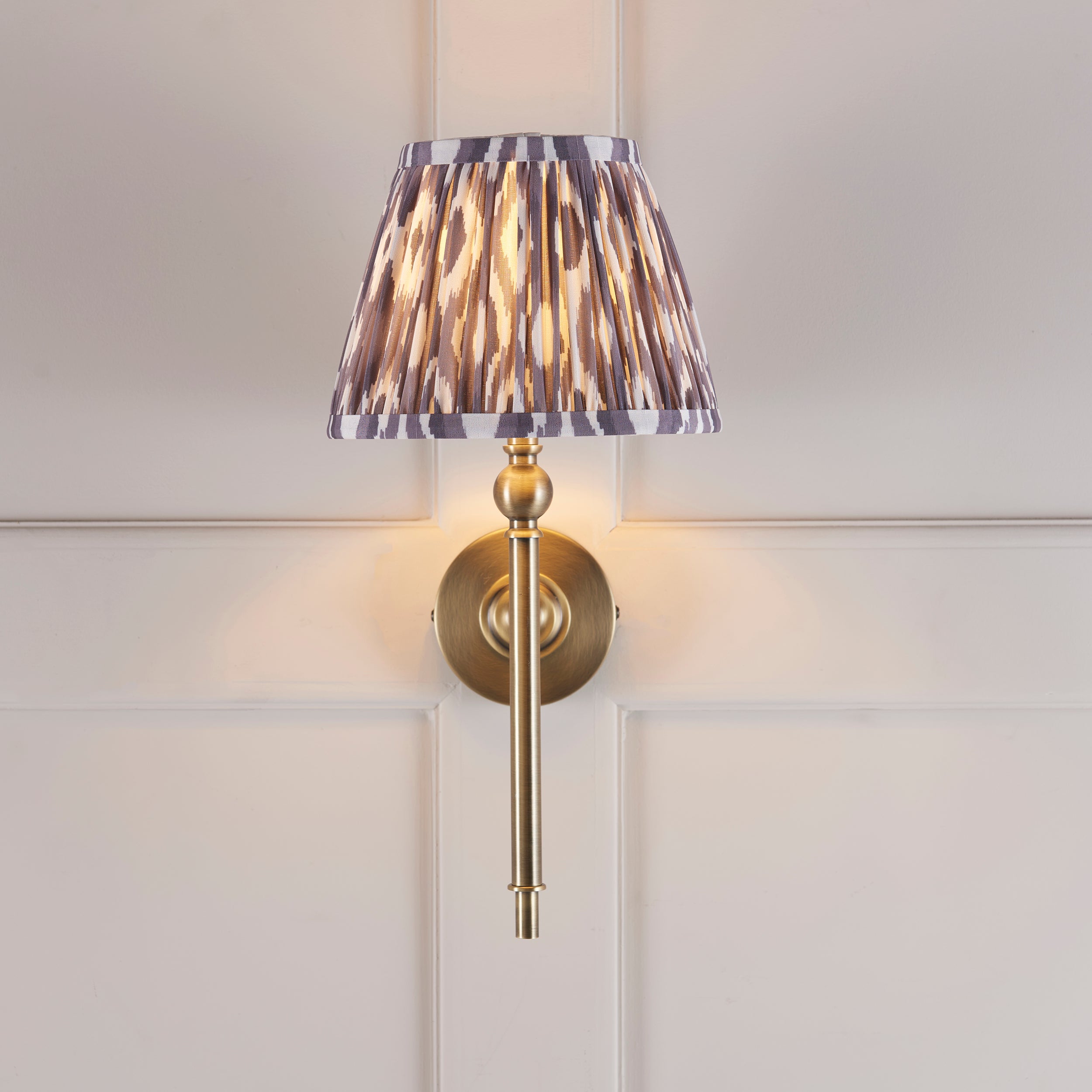 Lille Brass Wall Light & Grey Ikat 20cm Shade