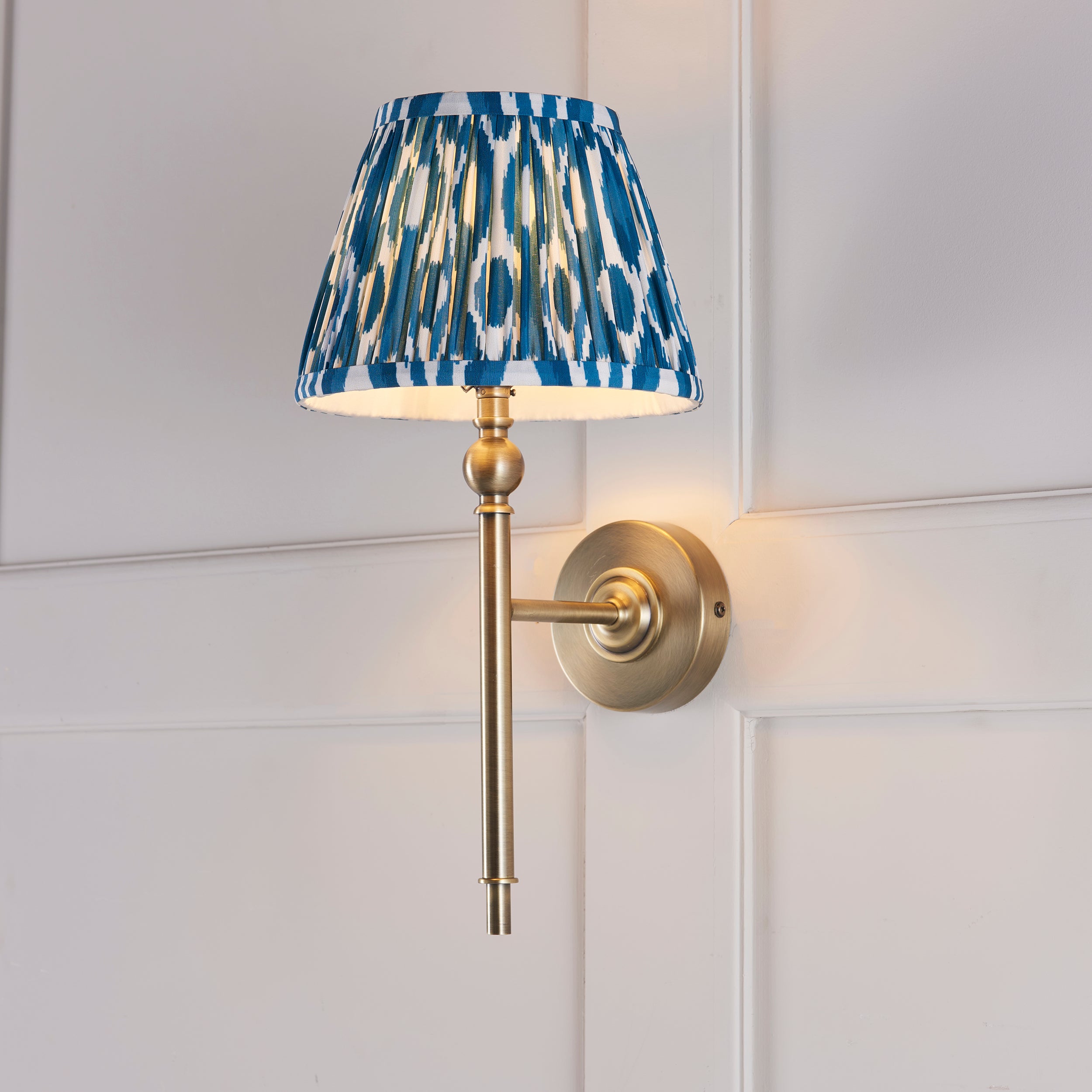 Lille Brass Wall Light & Blue Ikat 20cm Shade